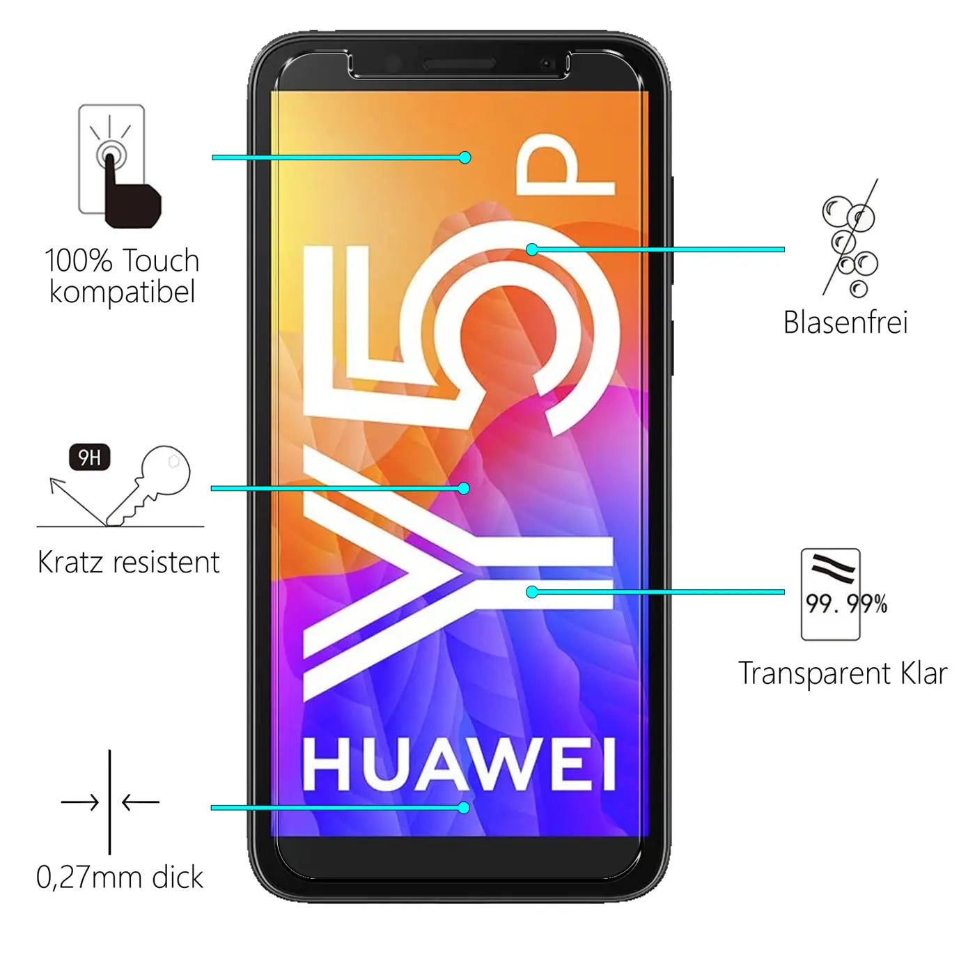 Huawei Y5P Smartphone mit aufgebrachtem, transparentem Panzerglas-Displayschutz. Vorderansicht, weißer Hintergrund.