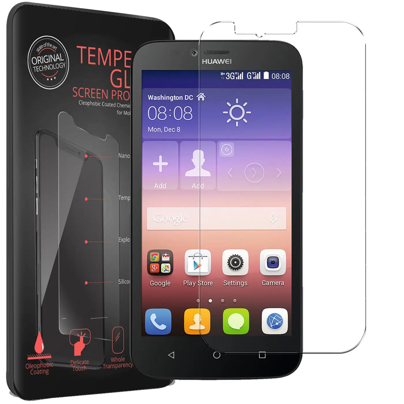 Schwarzes Huawei Ascend Y625 mit Display-Anzeige, daneben eine transparente Panzerglasfolie und die schwarze Verpackung.