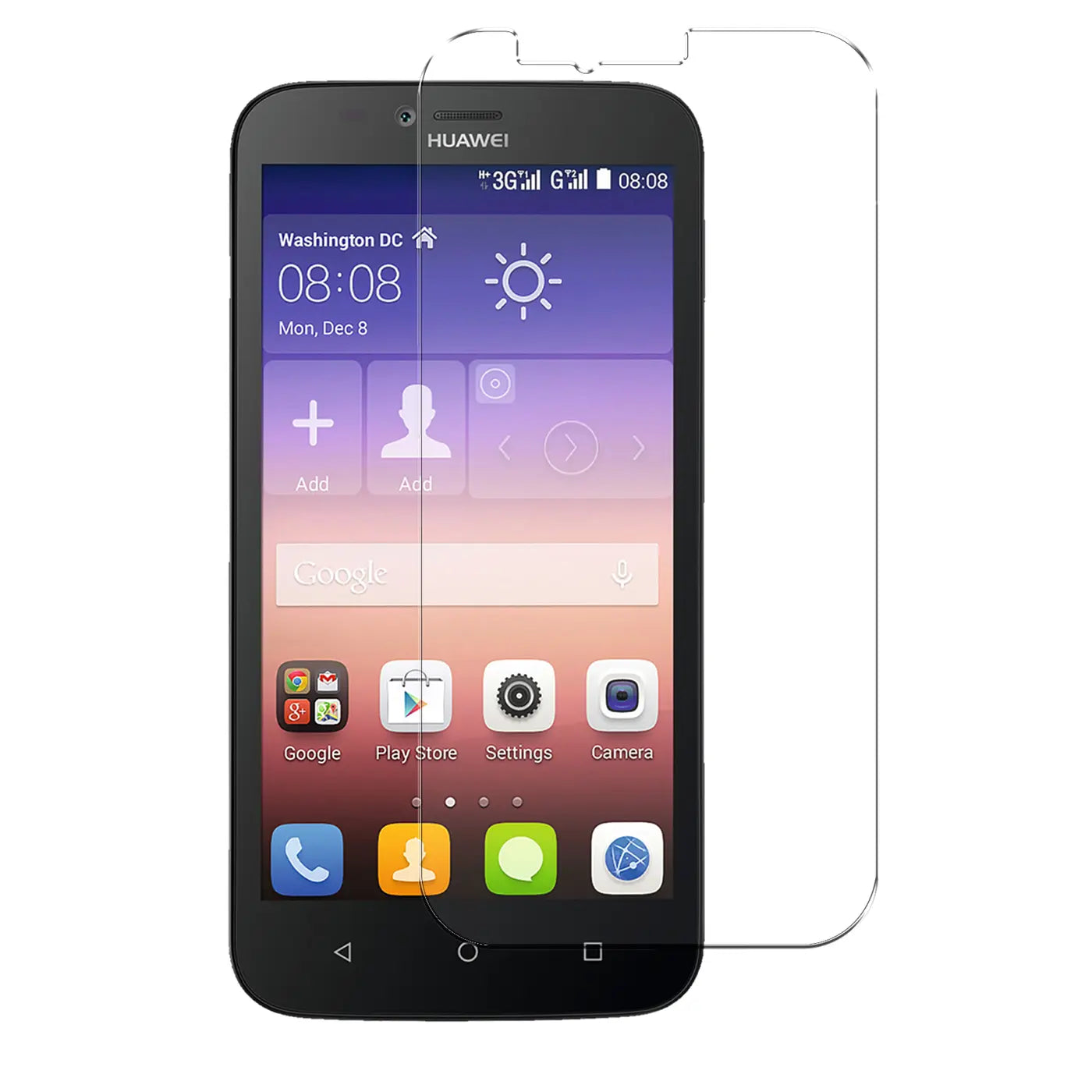 Huawei Ascend Y625 Smartphone mit transparentem Panzerglas-Displayschutz von vorne.