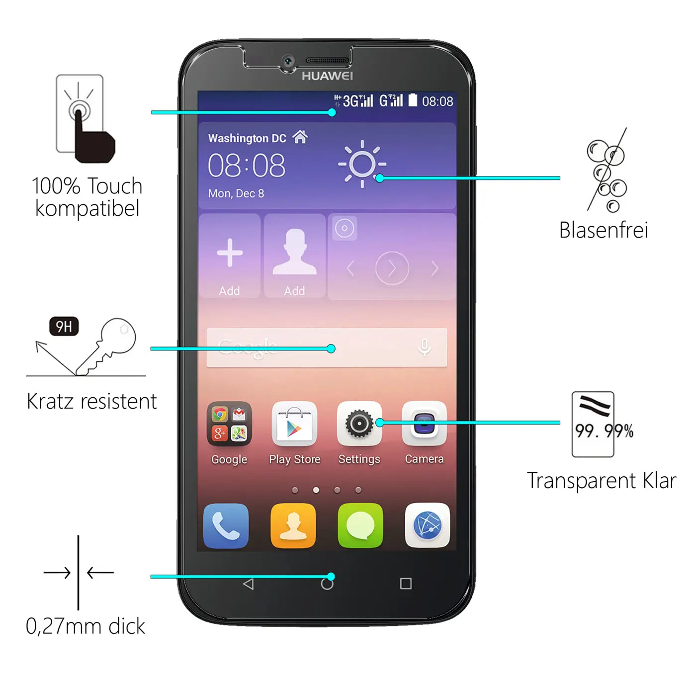 Schwarzes Huawei Ascend Y625 Smartphone frontal, umgeben von Icons und Texten, die Eigenschaften des Panzerglases zeigen.