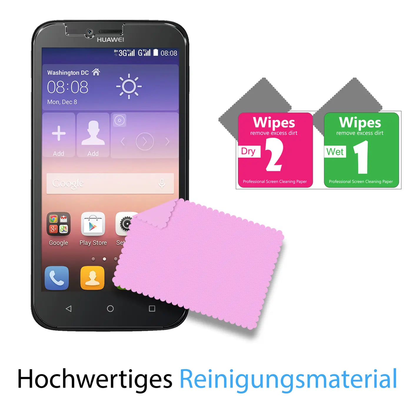 Schwarzes Huawei Ascend Y625 mit Panzerglas, rosa Mikrofasertuch und zwei Reinigungstüchern (Wet/Dry) von vorne.