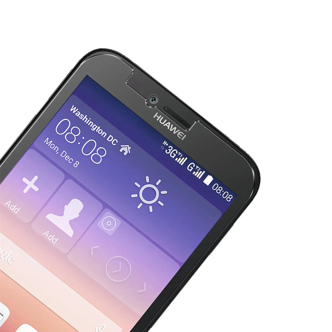 Nahaufnahme des oberen Bereichs eines schwarzen Huawei Ascend Y625 Smartphones mit Display, leicht schräg von oben.