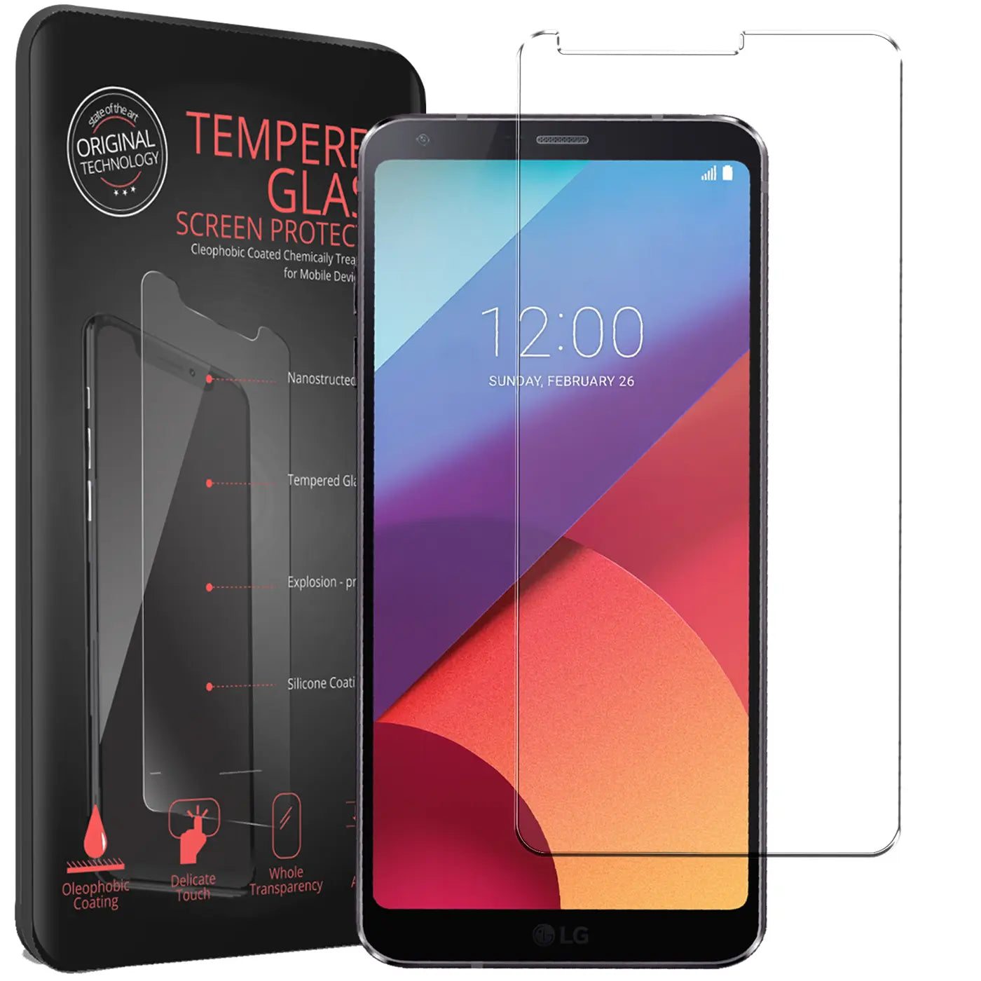Schwarzes LG G6 Smartphone mit transparentem Panzerglas-Displayschutz und schwarzer Verpackung, leicht schräg von vorne.