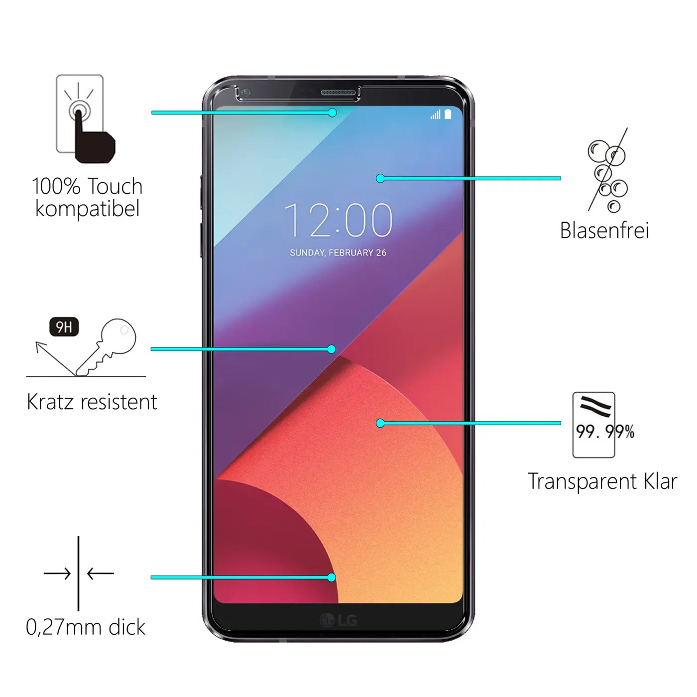 LG G6 Smartphone mit transparentem Panzerglas Displayschutz (Glas) von vorne, umgeben von Icons mit Produktmerkmalen.