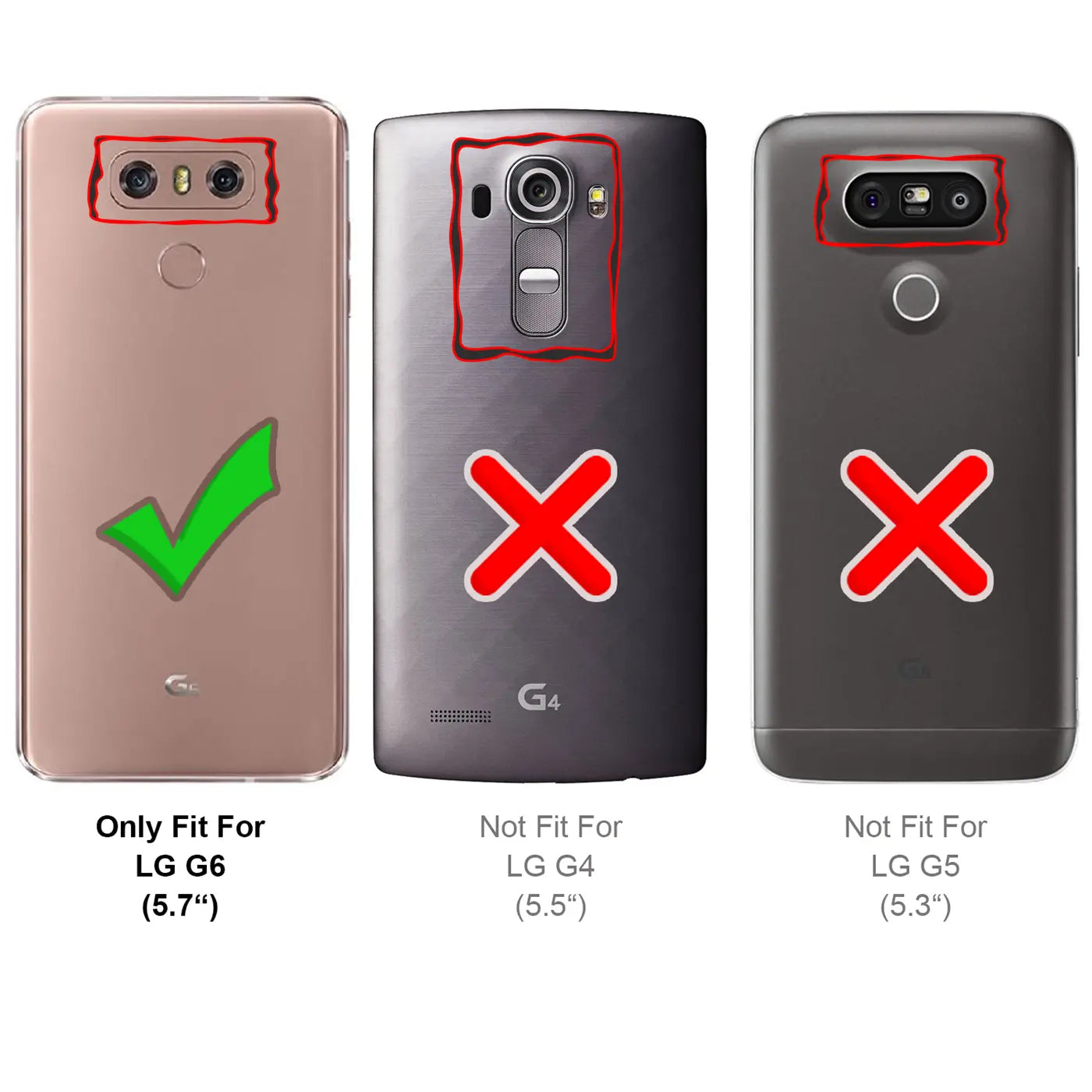 Rückseite eines roségoldenen LG G6 mit grünem Haken, daneben LG G4 und LG G5 mit rotem X.