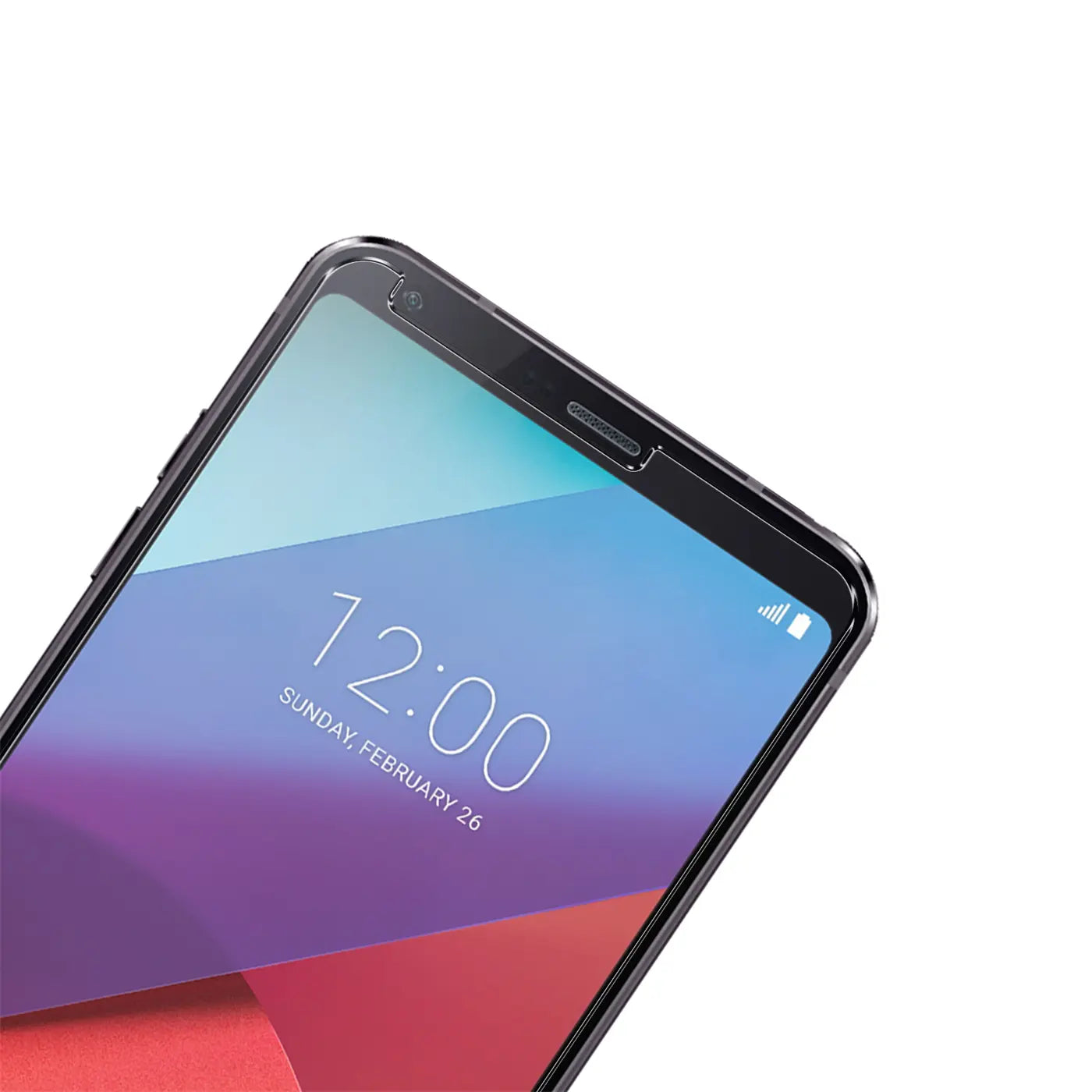 Nahaufnahme eines LG G6 mit transparentem Panzerglas-Displayschutz, schräg von oben rechts, auf weißem Hintergrund.