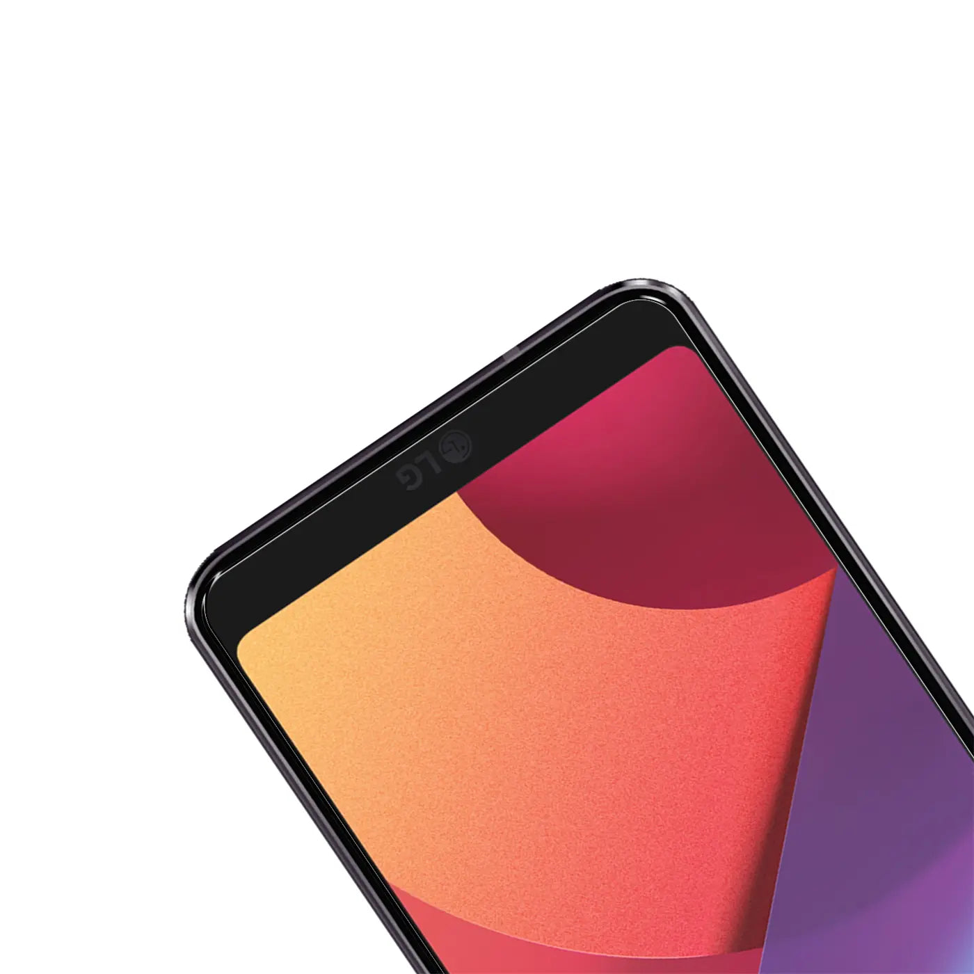 Nahaufnahme des oberen rechten Bereichs eines schwarzen LG G6 Smartphones mit farbigem Display und Panzerglas-Schutzfolie.