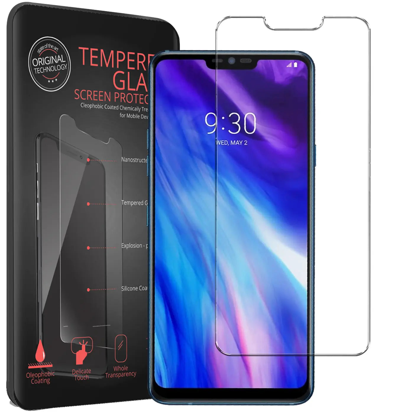 Schwarze Verpackung, LG G7 Smartphone und zwei transparente Panzerglas-Displayschutzfolien, leicht schräg von vorne.