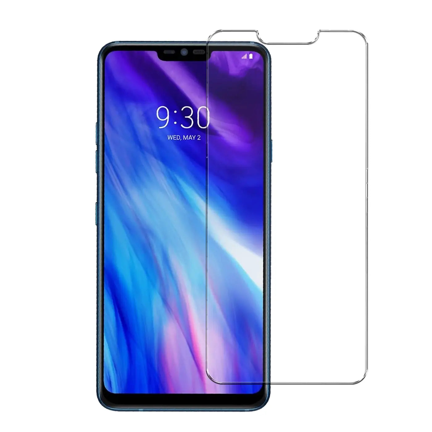 LG G7 Smartphone mit blauem Rahmen, leicht schräg von vorne. Rechts daneben ein transparentes Panzerglas.
