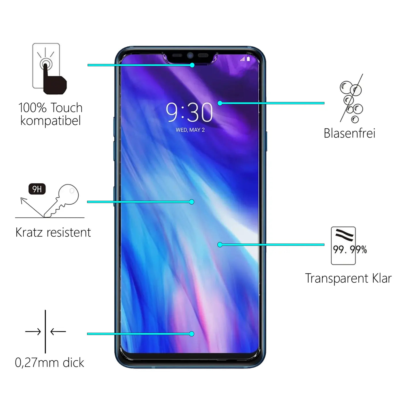 Blaues LG G7 Smartphone mit Panzerglas-Displayschutz, Frontansicht. Eigenschaften wie "Kratz resistent" und "Blasenfrei".