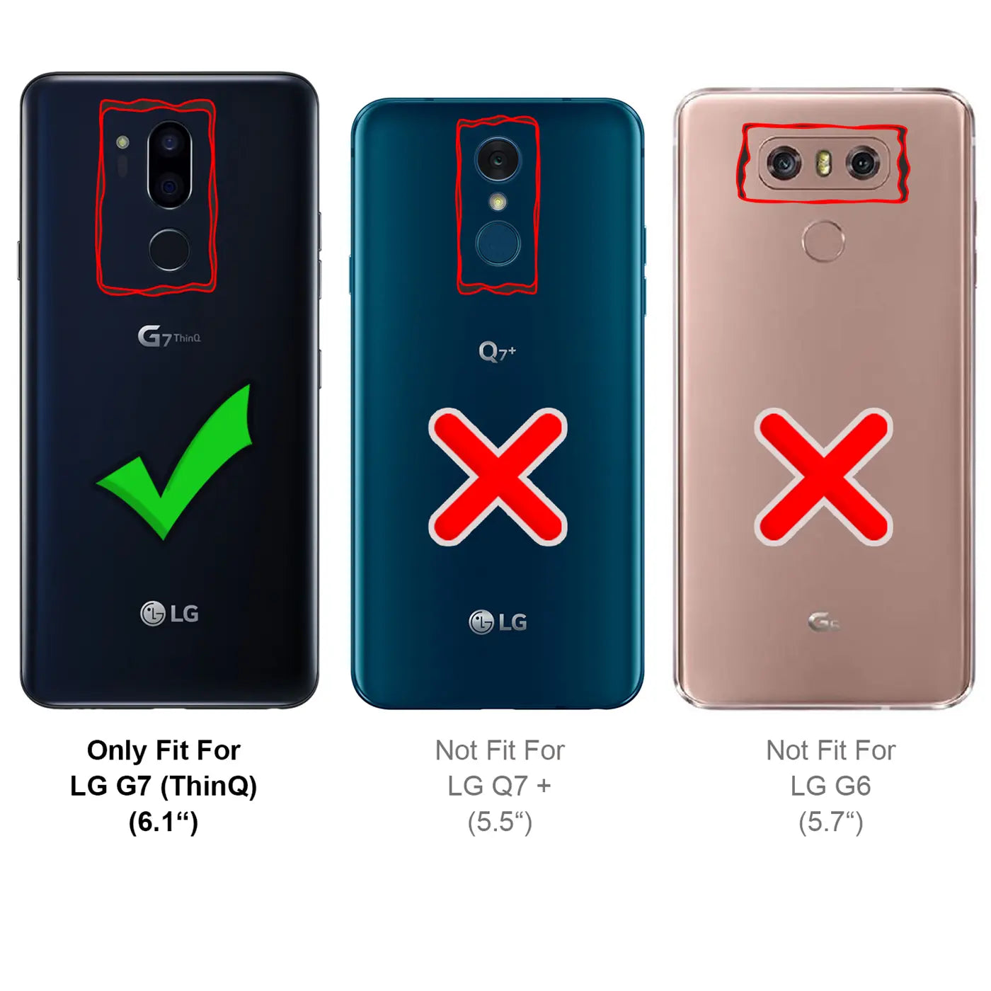 Drei LG-Smartphones von hinten, hochkant: Schwarz (G7 ThinQ, Haken), Blau (Q7+, X), Roségold (G6, X).