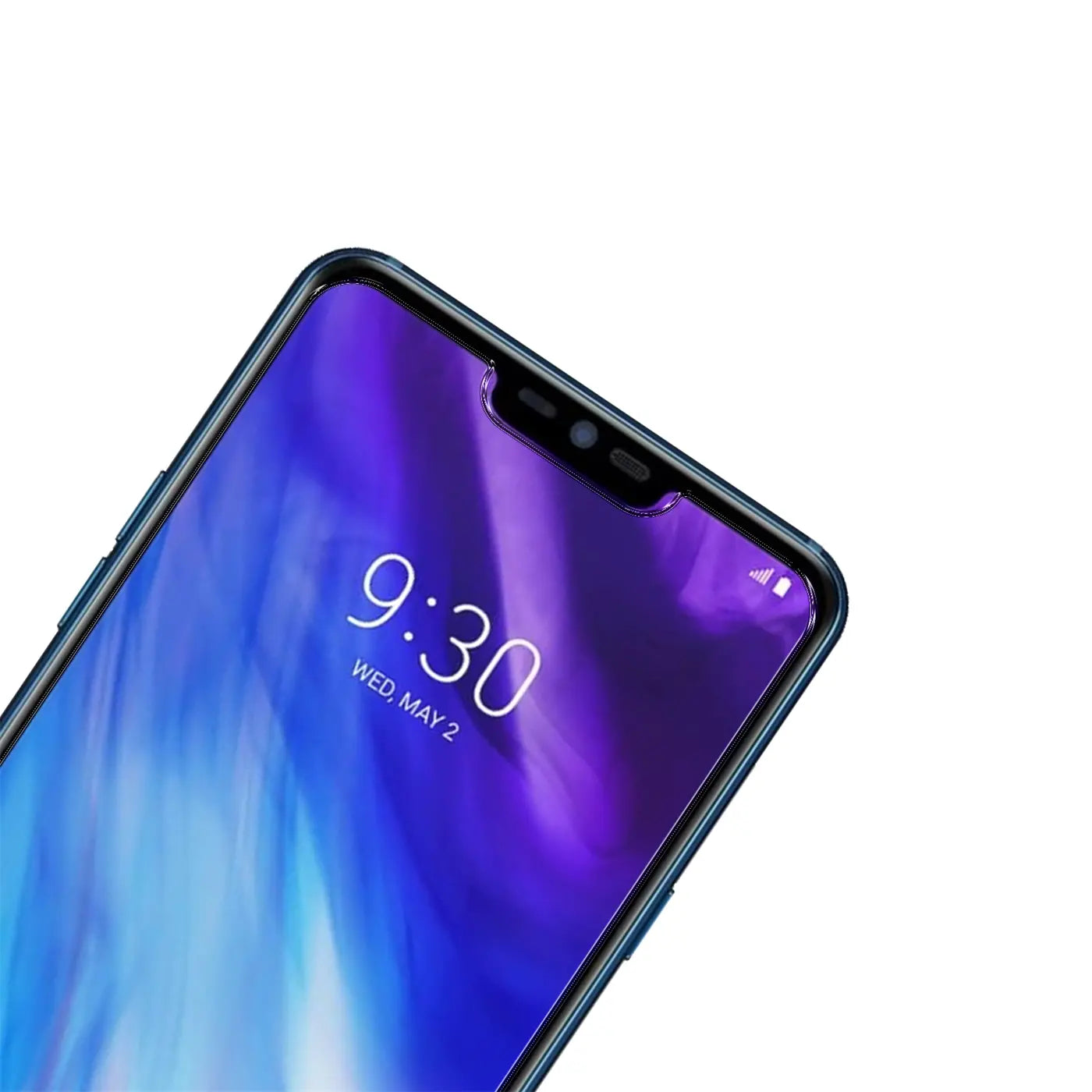 Oberer Bereich eines LG G7 Smartphones mit blauem Display und Notch, aus leicht schräger Perspektive.