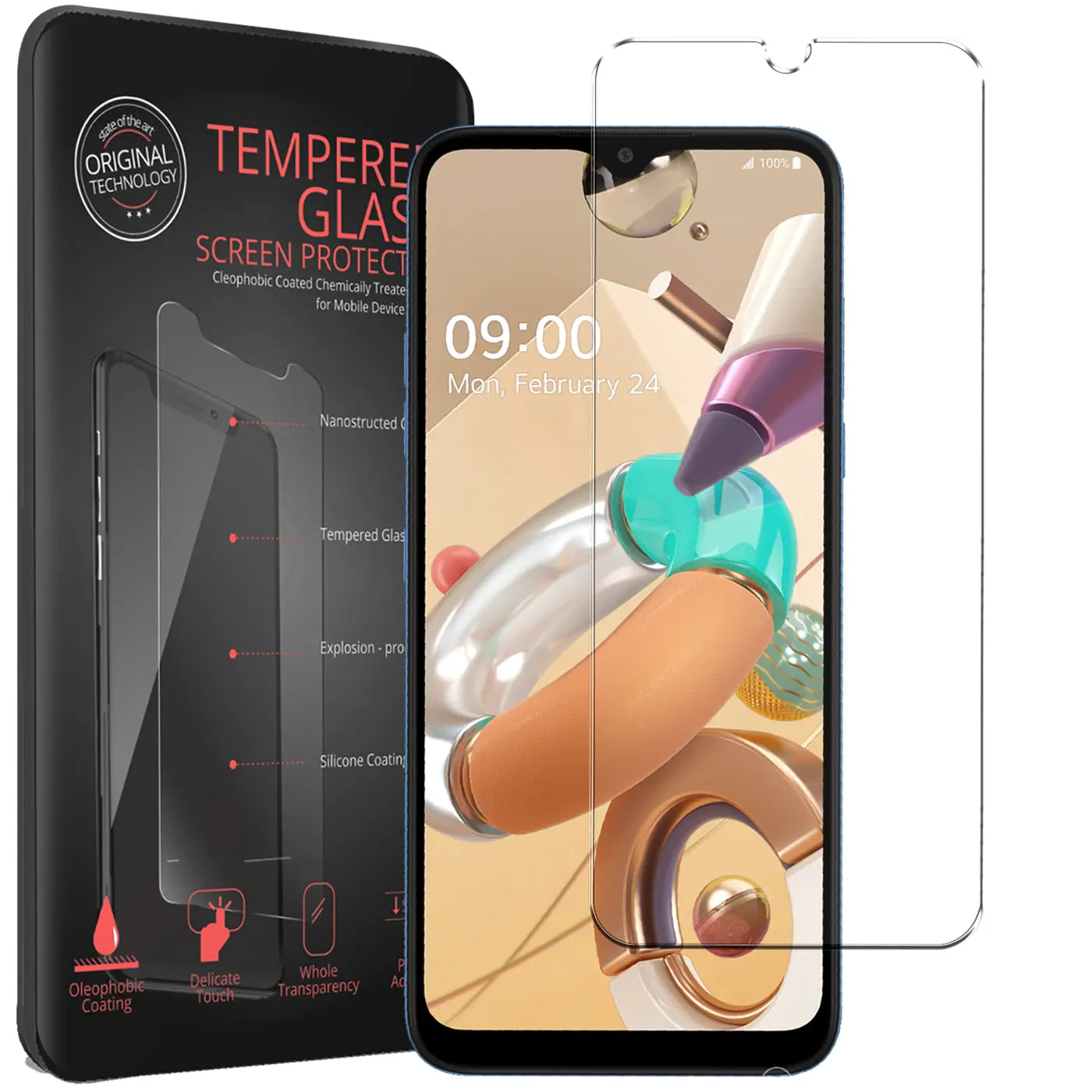 Schwarzes LG K22 Smartphone mit transparentem Panzerglas-Displayschutz und Verpackung, schräg von vorne.
