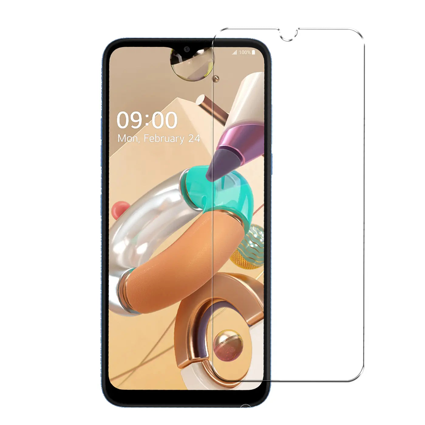 LG K22 Smartphone mit schwarzem Rahmen, frontal, daneben ein klarer Panzerglas Displayschutz mit Aussparung.