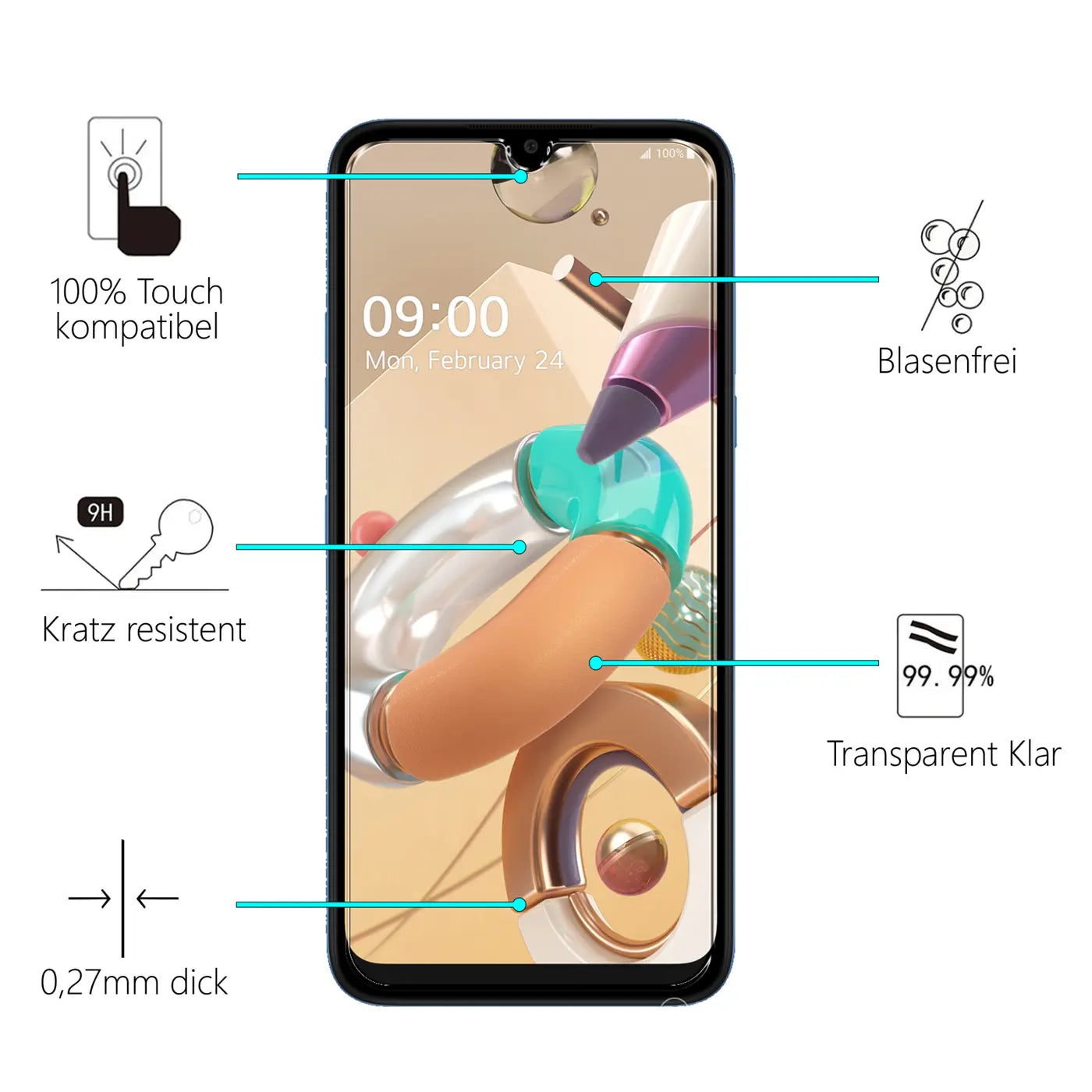 LG K22 Smartphone, frontal, mit transparentem Panzerglas-Displayschutz und Infografiken zu Eigenschaften wie 9H Härte.