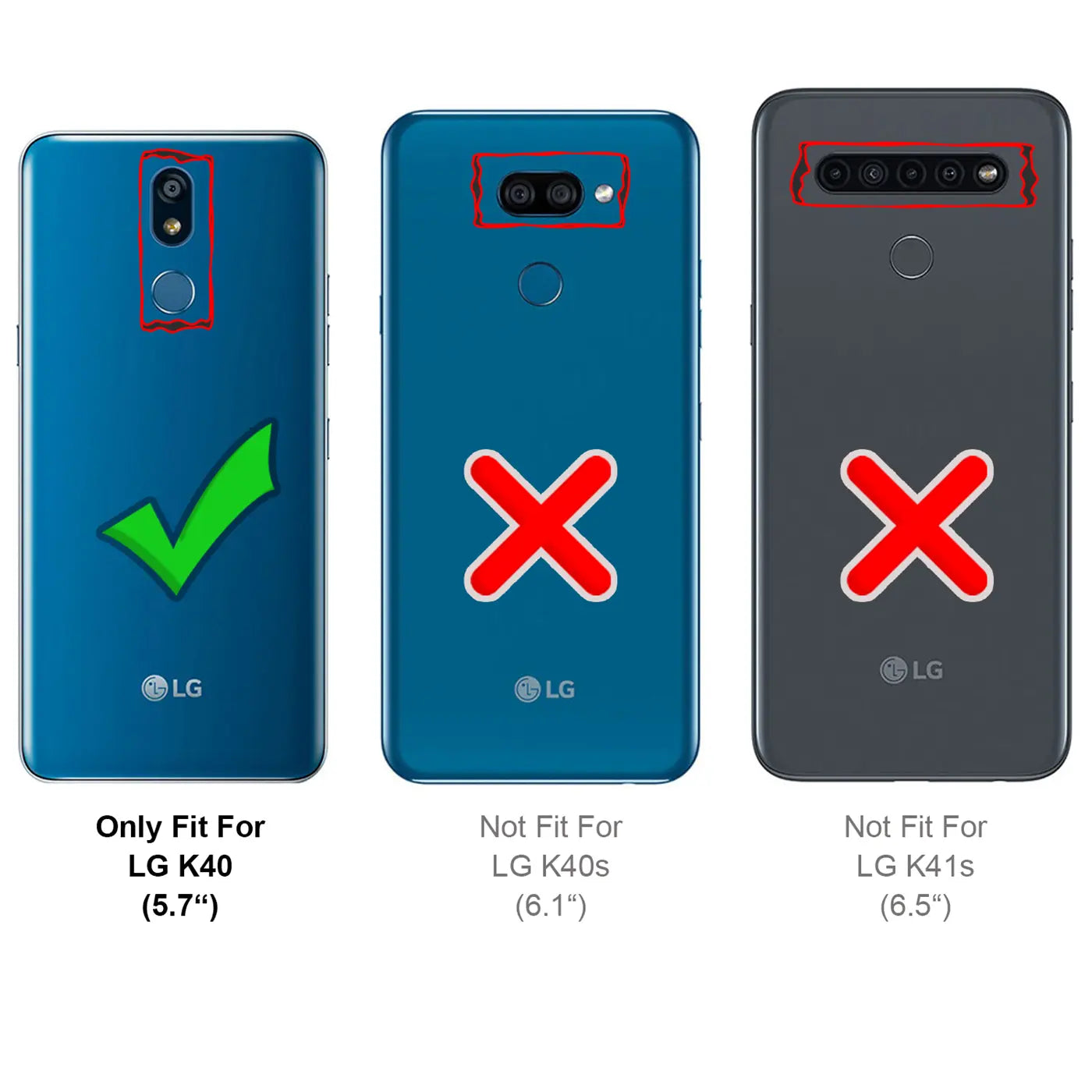 Drei LG-Smartphones von hinten: links ein blaues LG K40 mit Haken, mittig ein blaues LG K40s mit X, rechts ein graues LG.