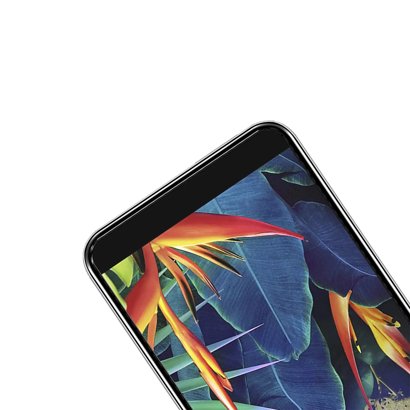 Oberer rechter Teil eines LG K40 Smartphones mit schwarzem Rahmen und farbigem Display, schräg von oben rechts.