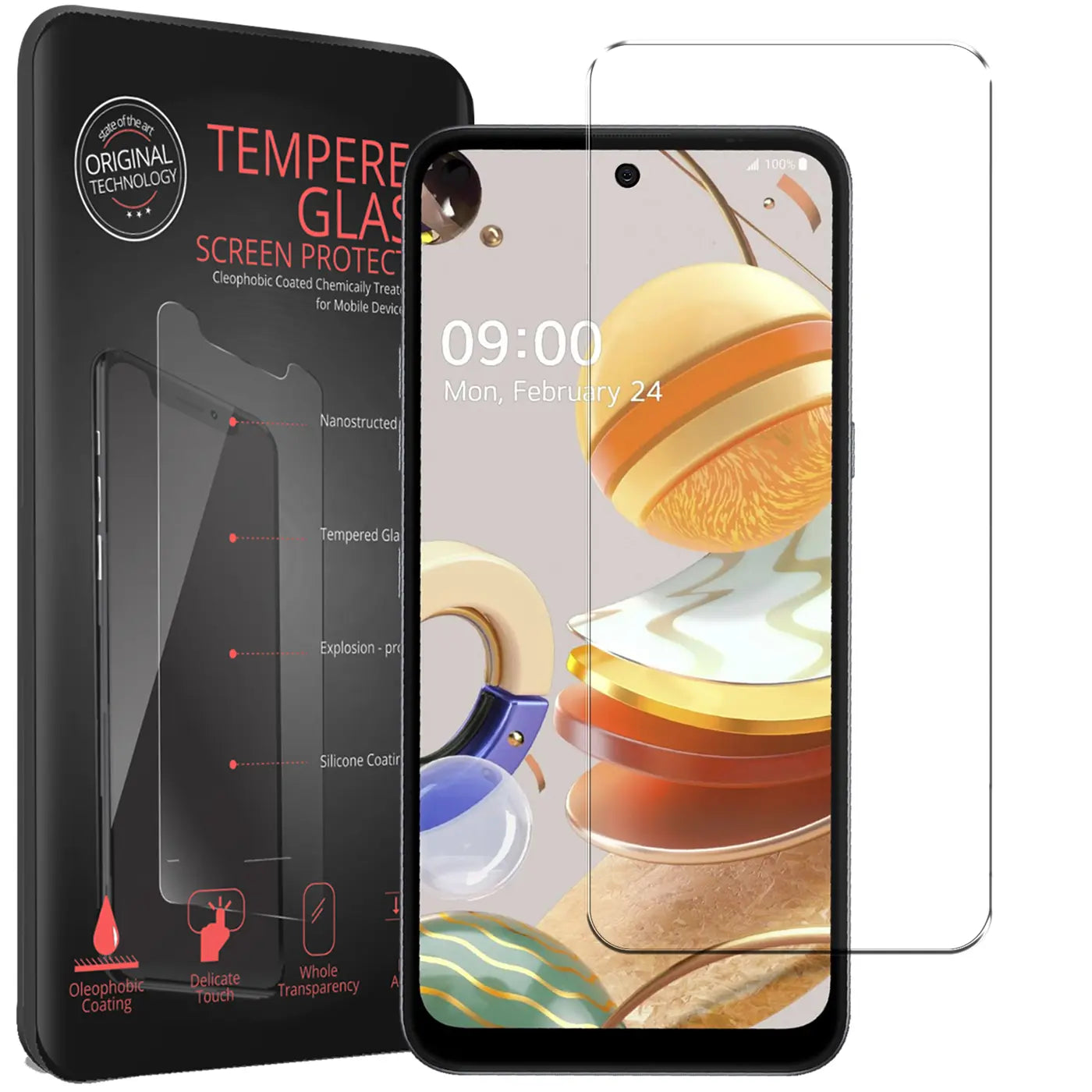 Schwarze Verpackung mit Panzerglas-Details, ein schwarzes LG K42 mit Display und eine einzelne klare Panzerglasfolie.
