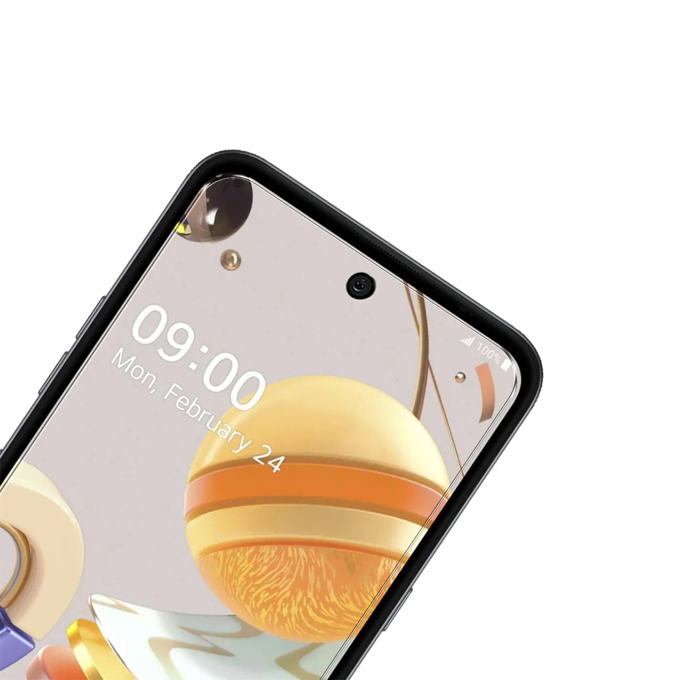 LG K42 Smartphone, schwarz, obere Hälfte des Displays schräg von vorne. Uhrzeit 09:00, Datum Mo, February 24.