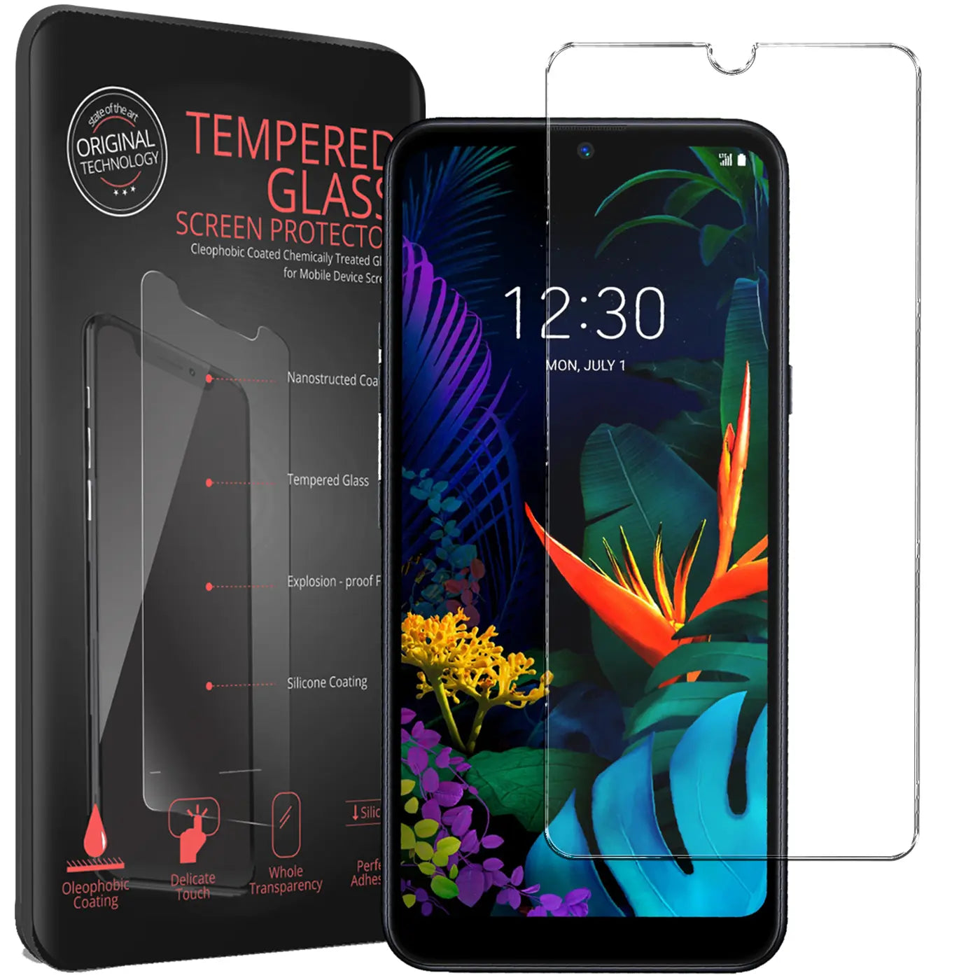 Schwarze Verpackung mit "Tempered Glass" Schriftzug, ein schwarzes LG K50S Smartphone und ein transparentes Panzerglas.