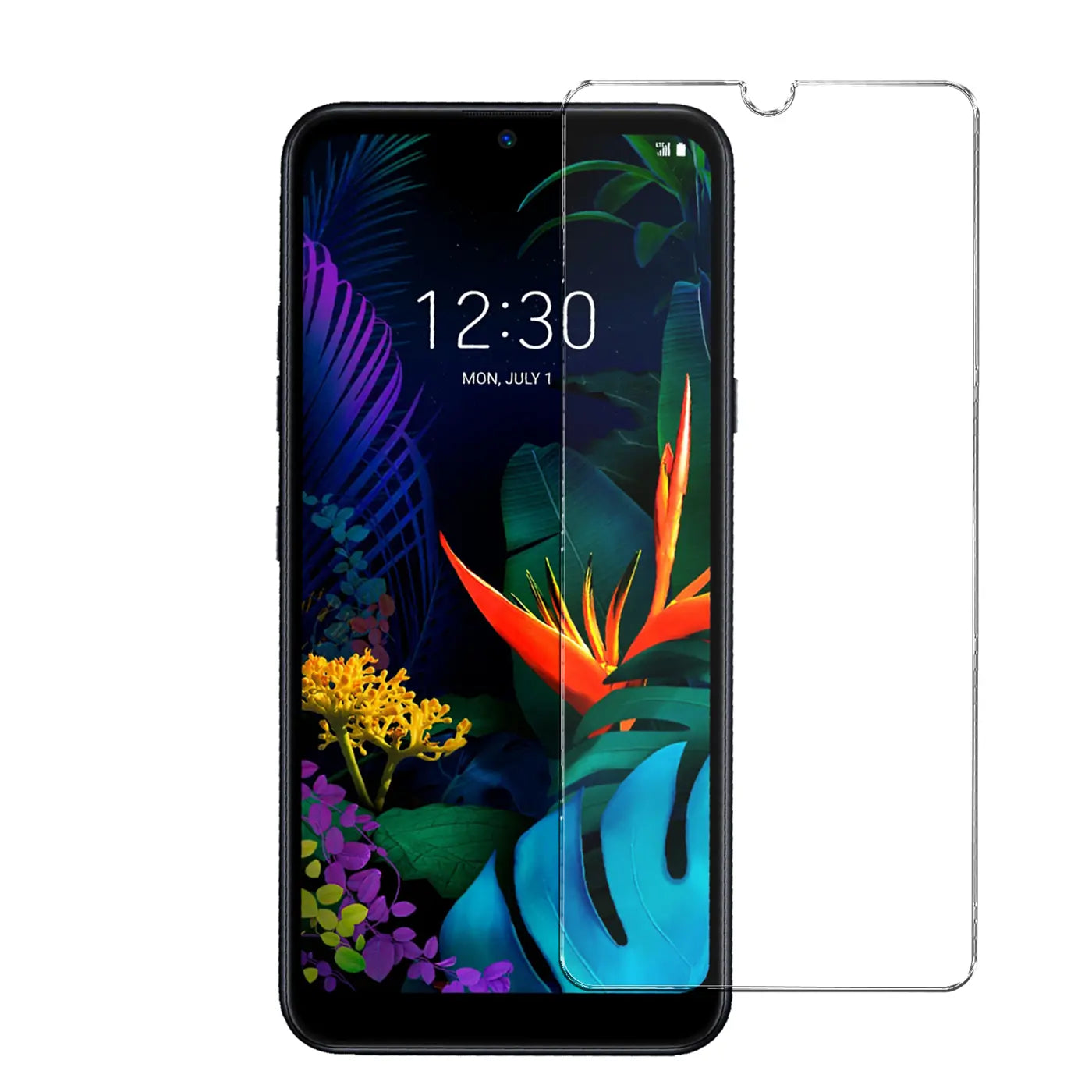 Schwarzes LG K50S Smartphone mit bunten Blumen-Wallpaper, daneben ein transparentes Panzerglas von vorne.