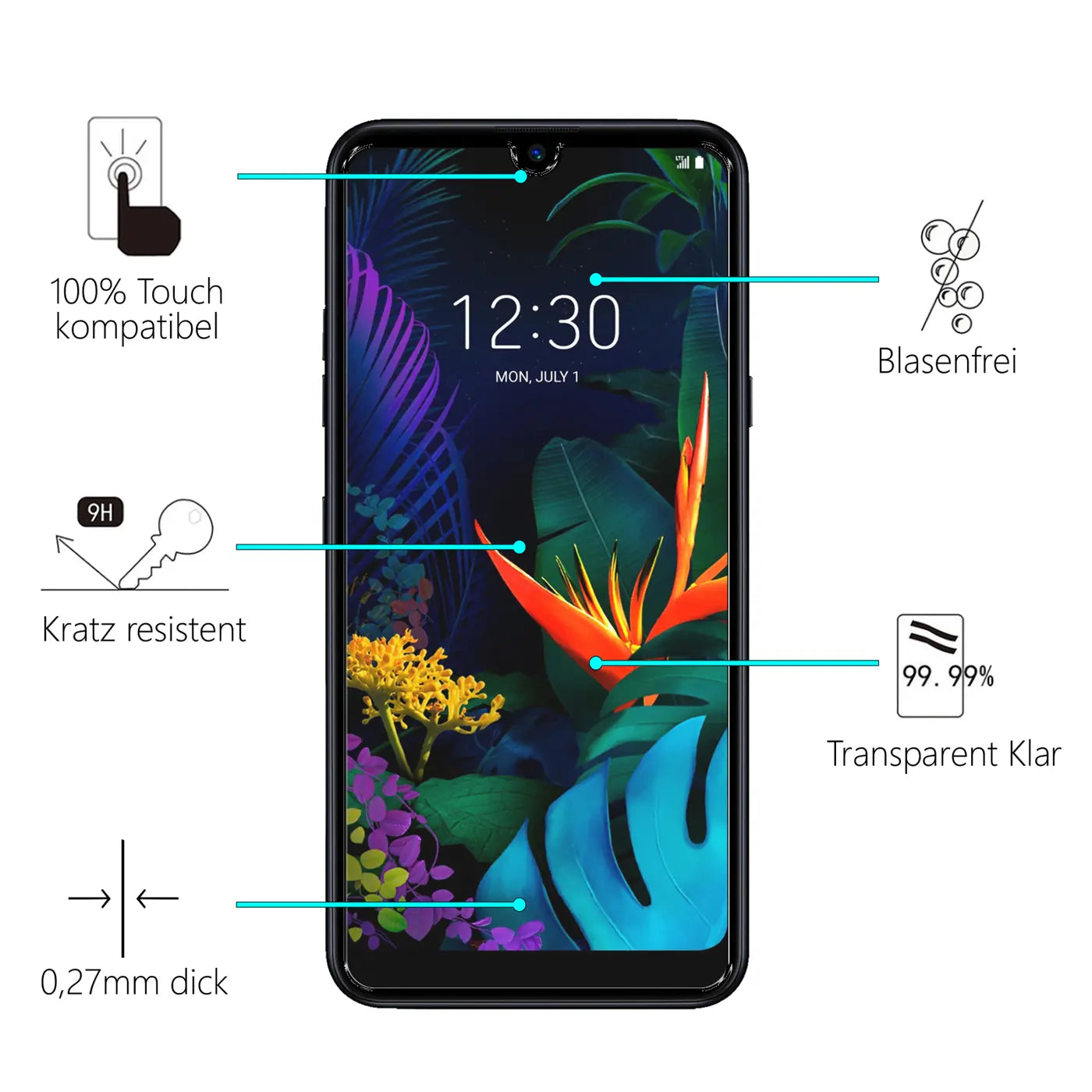 Schwarzes LG K50S Smartphone von vorne mit Displayschutzfolie, umgeben von Piktogrammen mit Produktmerkmalen.