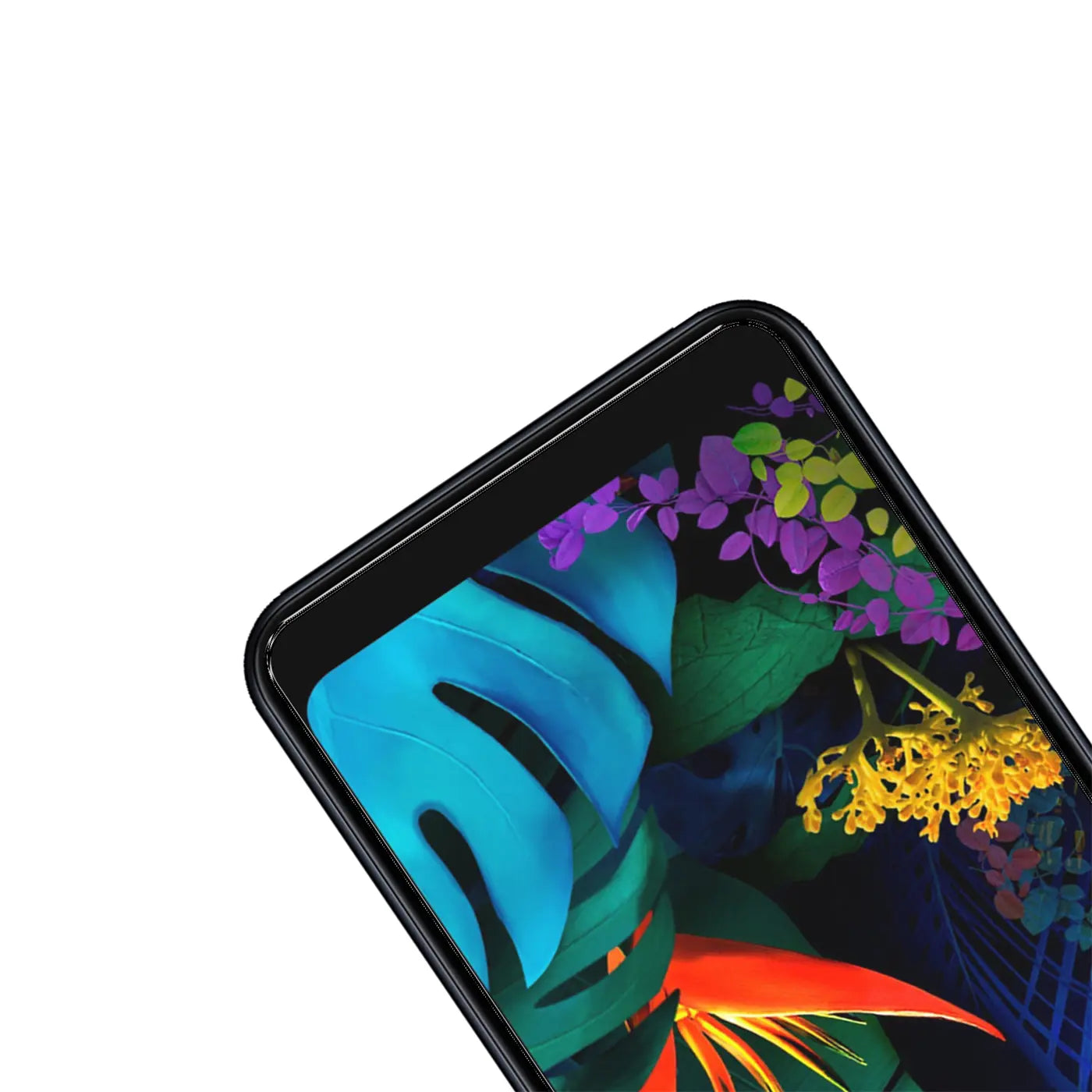 Oberer rechter Bereich eines schwarzen LG K50S Smartphones mit farbigem Display-Hintergrund, schräg von oben.