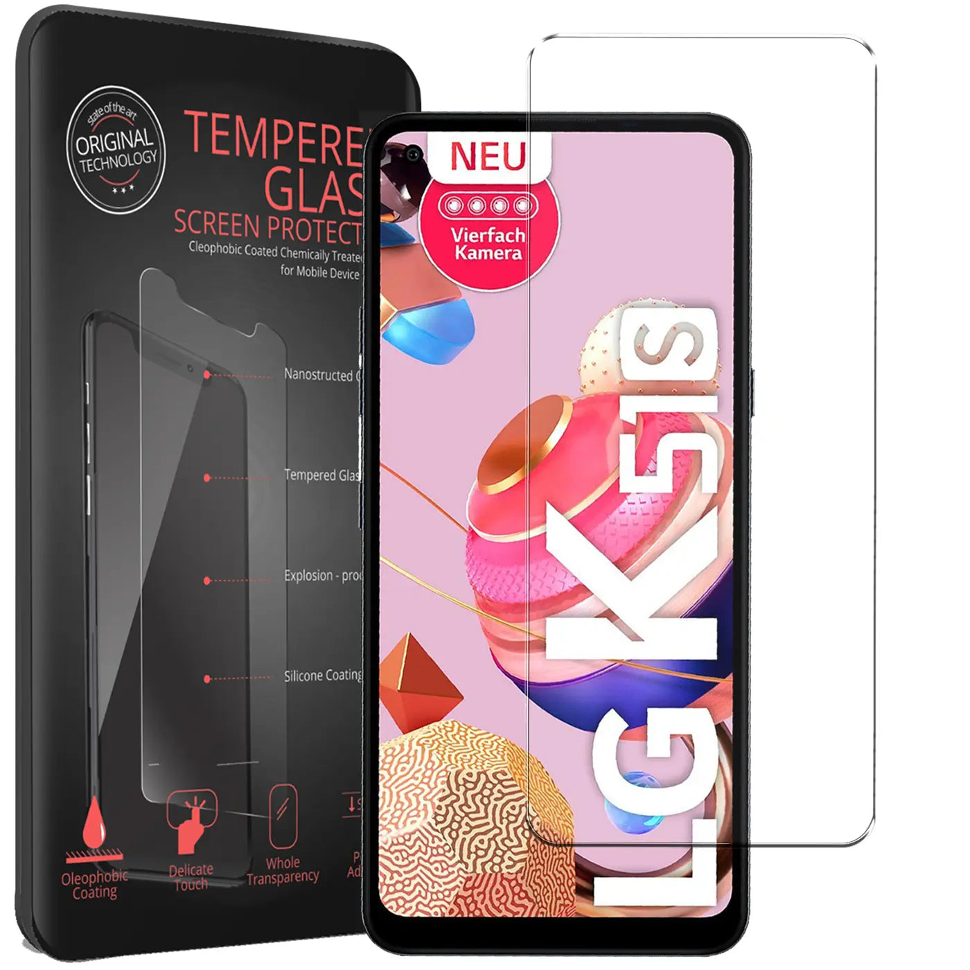 Schwarze Verpackung, LG K51S Smartphone mit Displayfolie und eine weitere Folie, alles auf weißem Hintergrund.