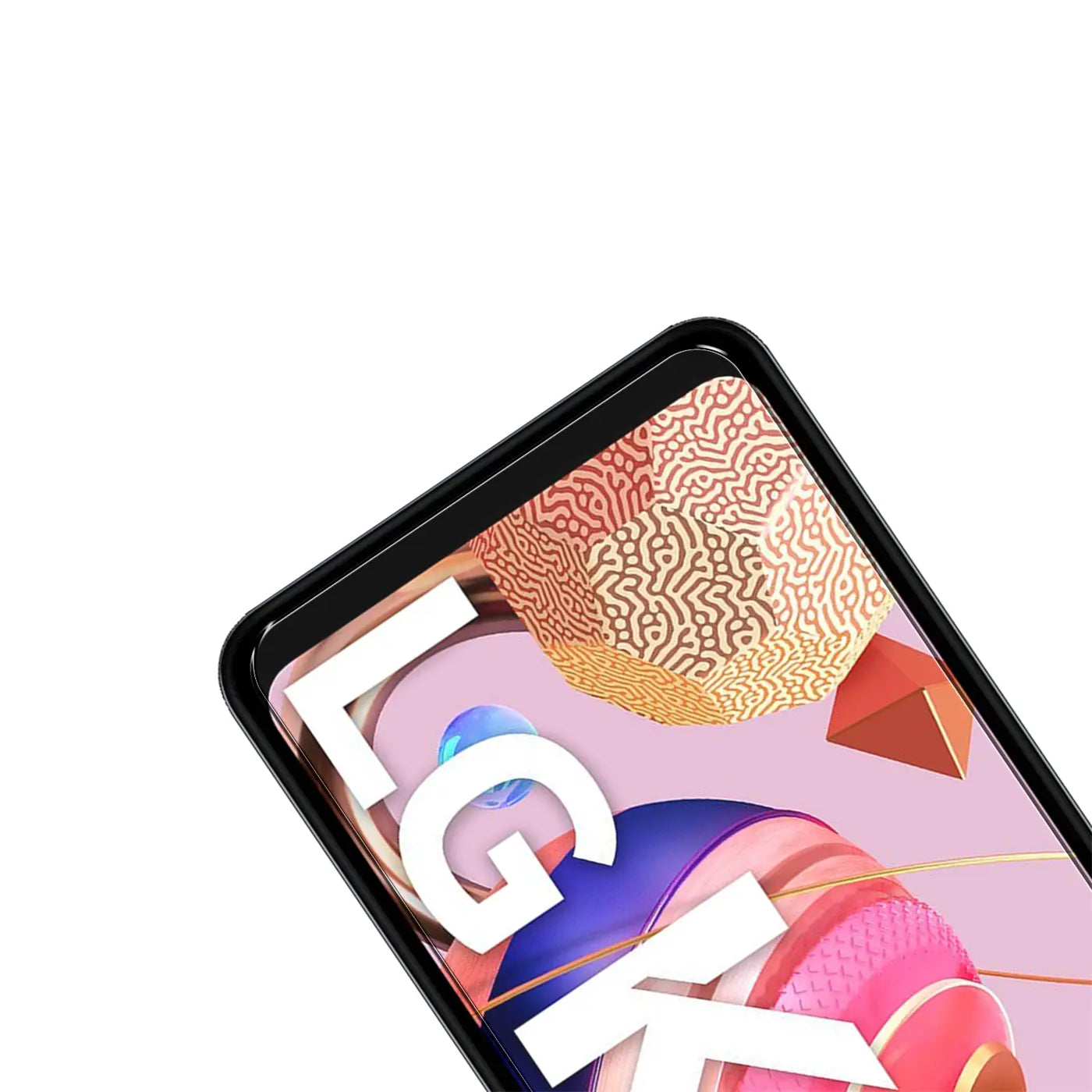 Detailansicht eines schwarzen LG K51S Smartphones von oben rechts, Display mit "LG K" Schriftzug und abstrakten Formen.