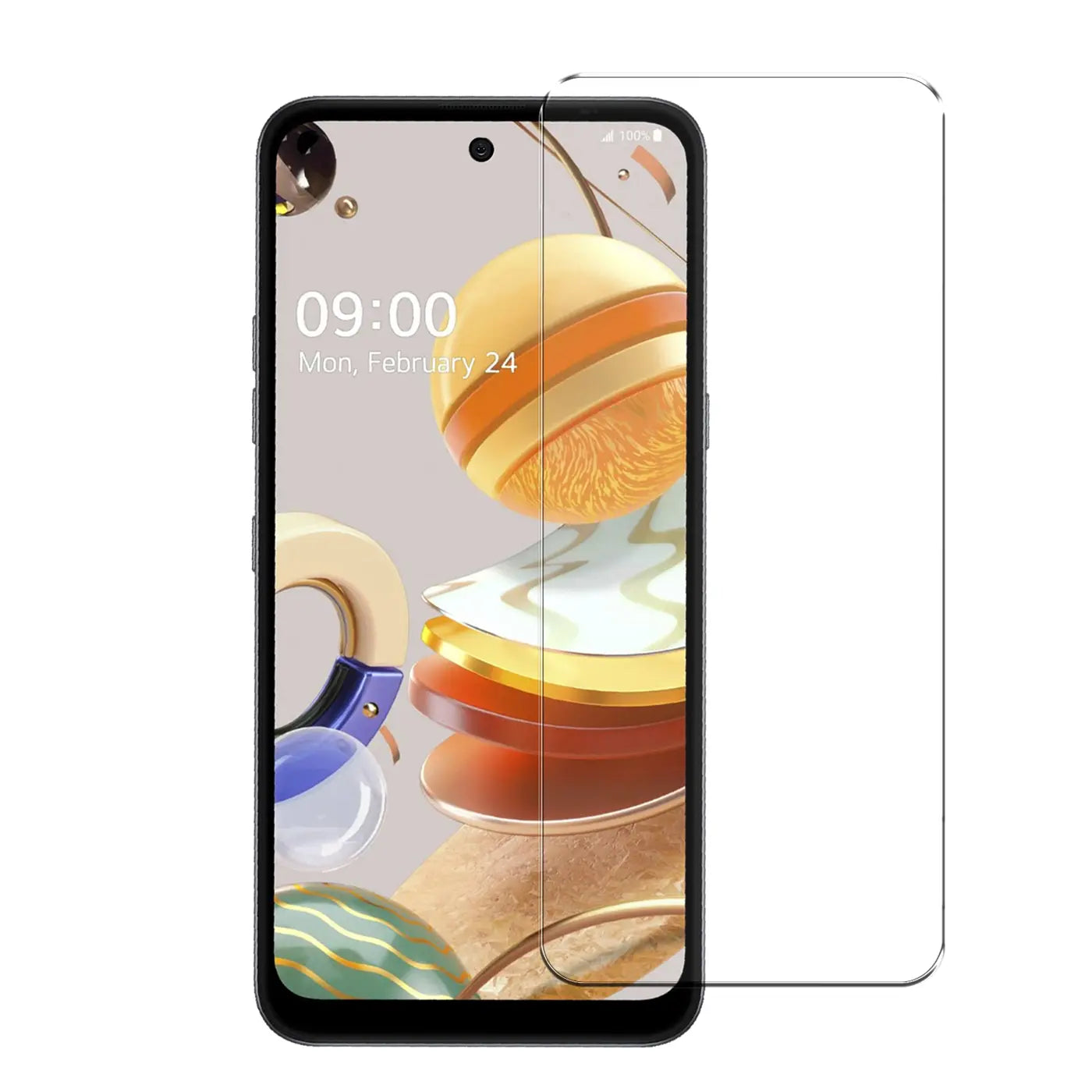 Schwarzes LG K52 Smartphone mit farbigem Display-Hintergrund und transparentem Panzerglas-Displayschutz von vorne.