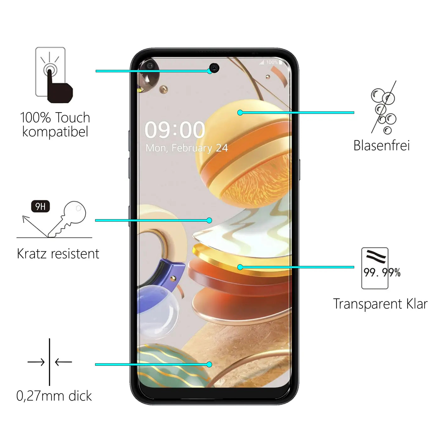 LG K52 Handy mit schwarzem Rahmen, frontal von oben, zeigt Panzerglas-Eigenschaften wie 9H Härte und 0,27mm Dicke.