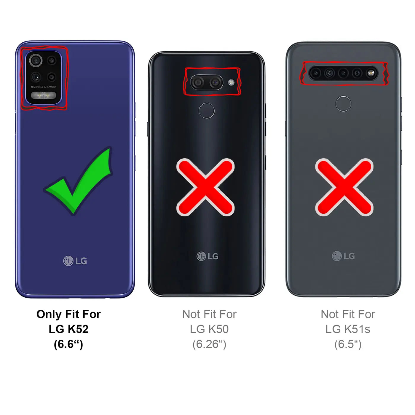 Rückseite von 3 LG Smartphones (K52, K50, K51s) mit Kameras und Logo, von oben, zum Vergleich der Passform.