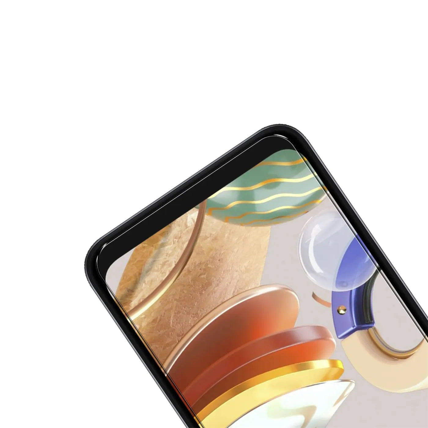 Nahaufnahme eines LG K52 Smartphones mit schwarzem Rahmen und Panzerglas-Displayschutz, schräg von oben.