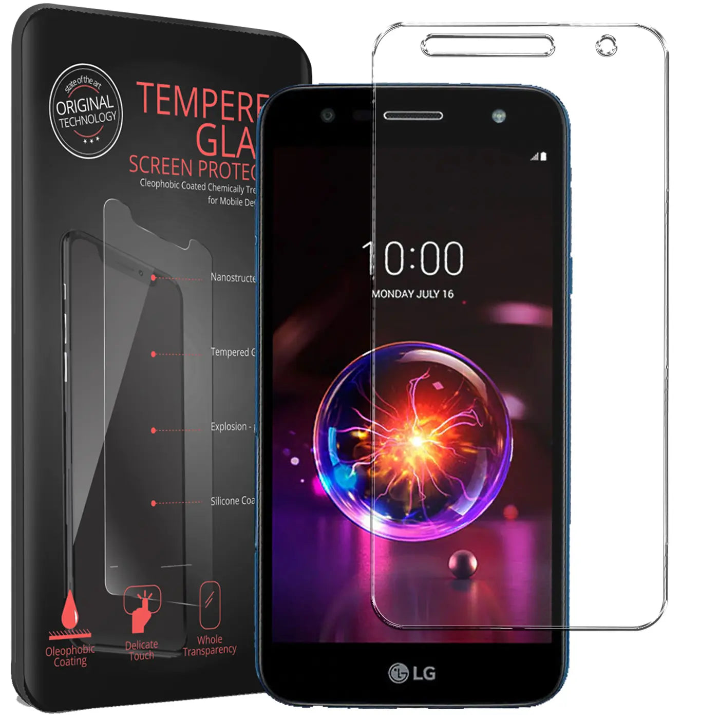 Schwarzes LG X Power 3 Smartphone mit aufgelegtem, transparentem Panzerglas und einem zweiten daneben, plus Verpackung.
