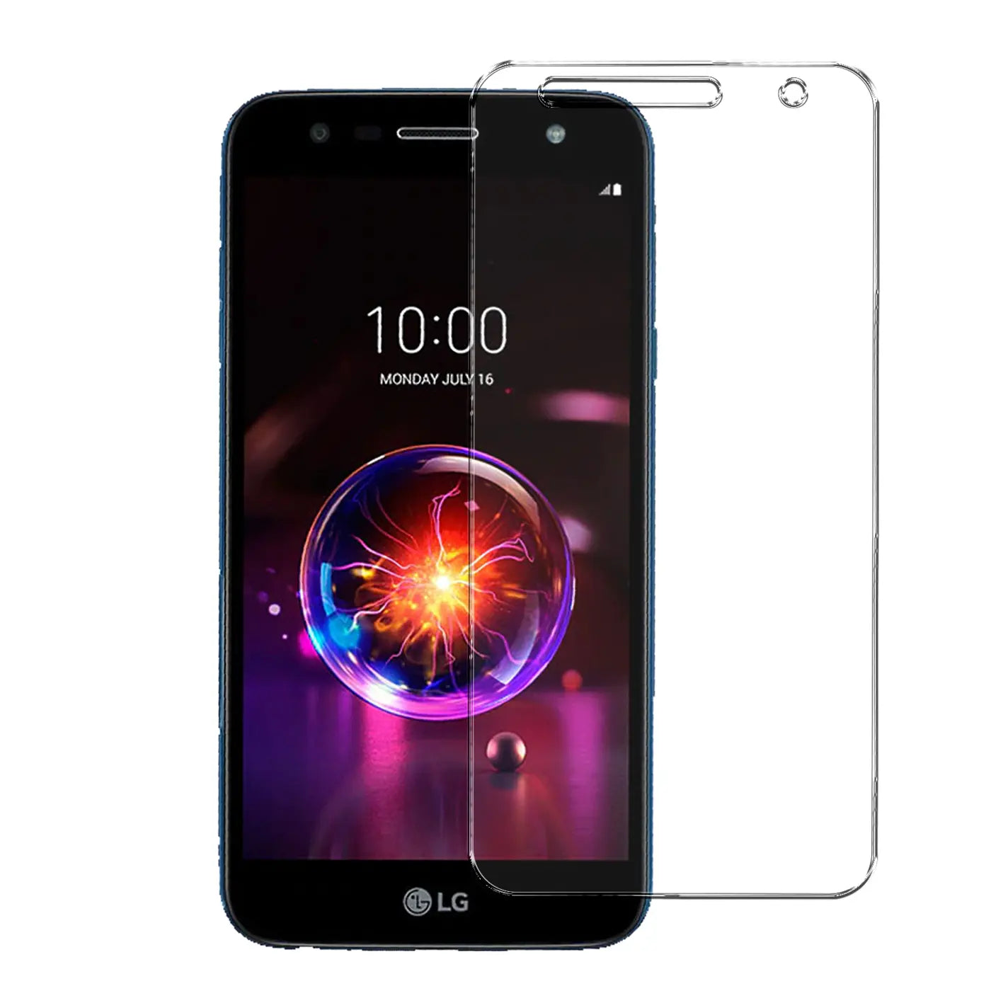 Transparentes Panzerglas für LG X Power 3, schräg über dem Display eines schwarzen Smartphones platziert.