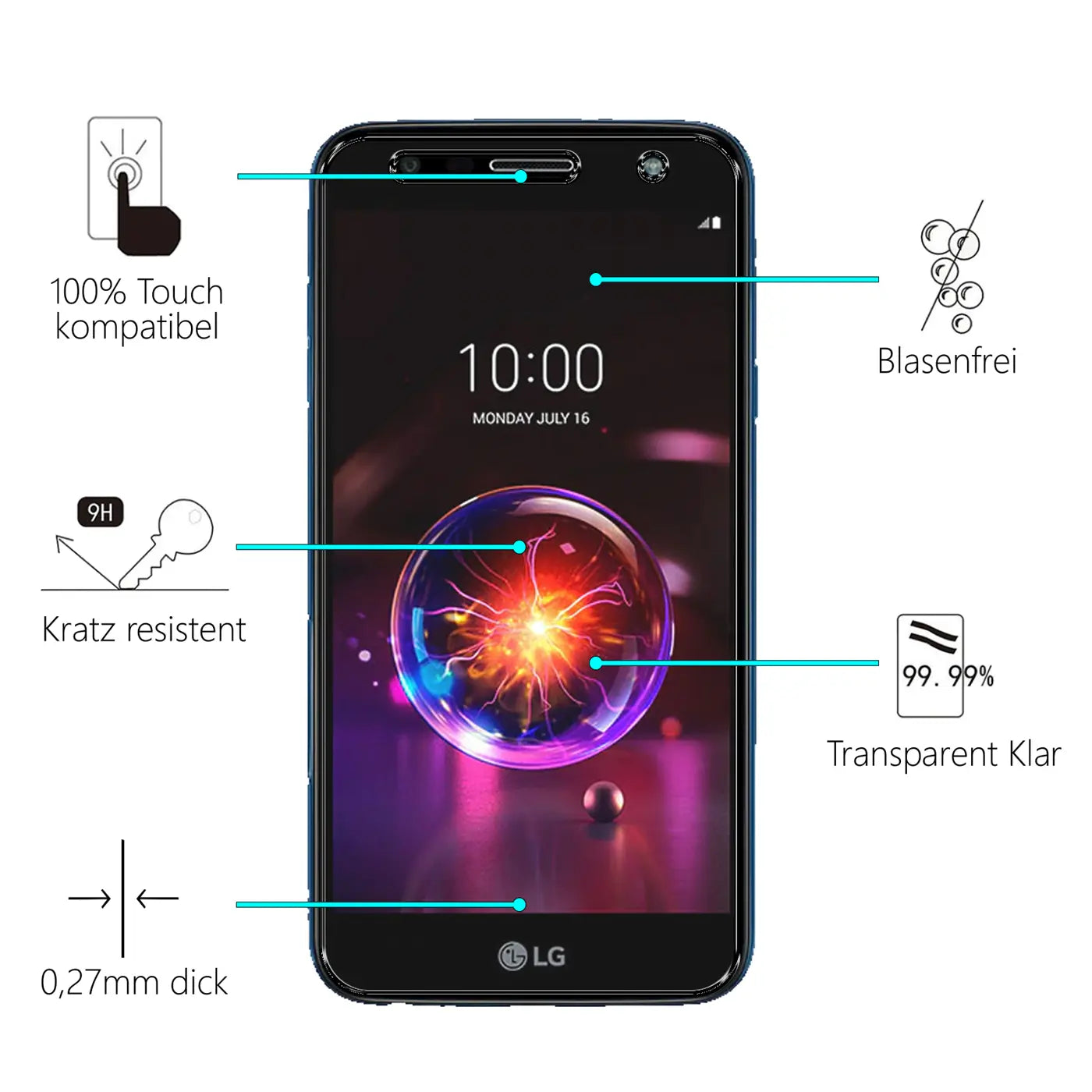 LG X Power 3 Smartphone mit transparentem Panzerglas-Displayschutz, Frontansicht. Eigenschaften mit Text und Icons.