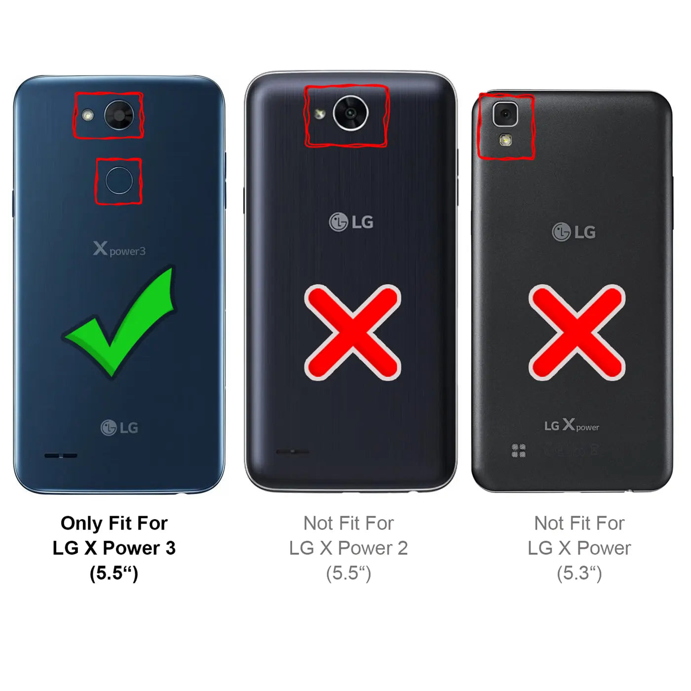 Rückansicht von drei schwarzen LG X Power Smartphones. Links: LG X Power 3 mit Haken. Mitte/Rechts: LG X Power 2/1 mit X.