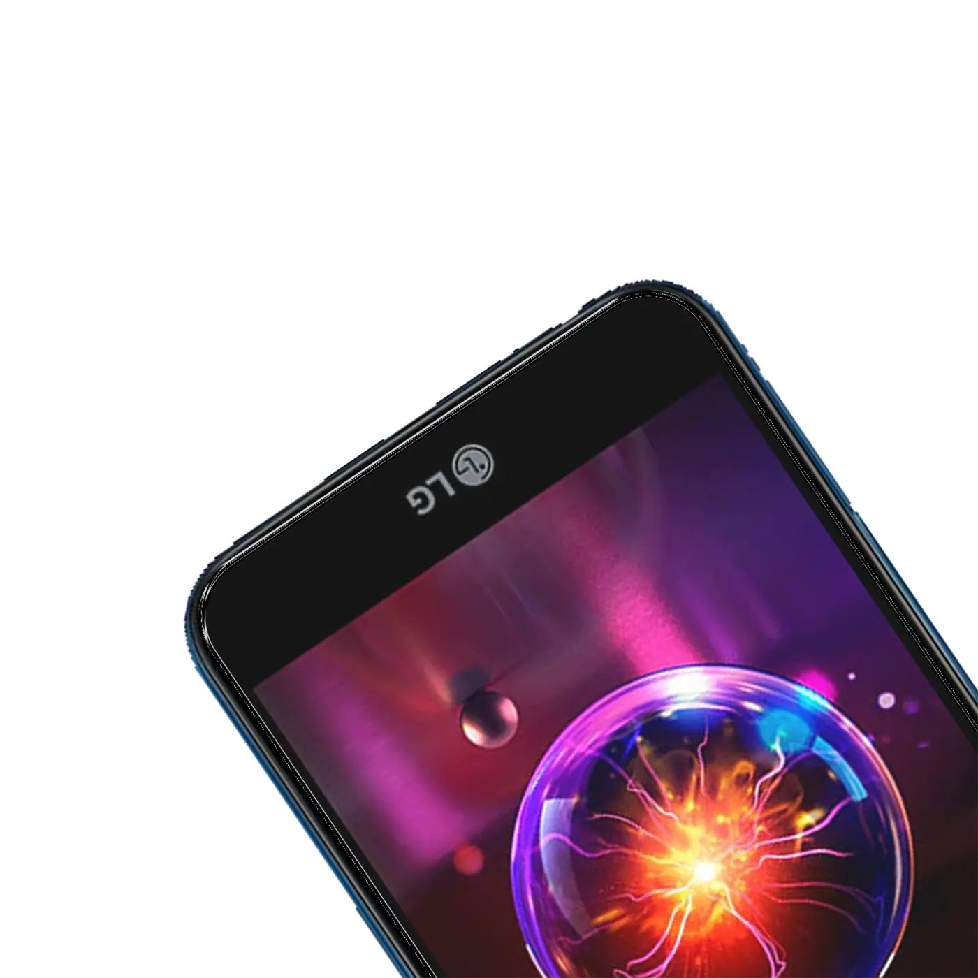 Nahaufnahme des oberen rechten Bereichs eines schwarzen LG X Power 3 Smartphones mit lila-blauem Display und LG Logo.