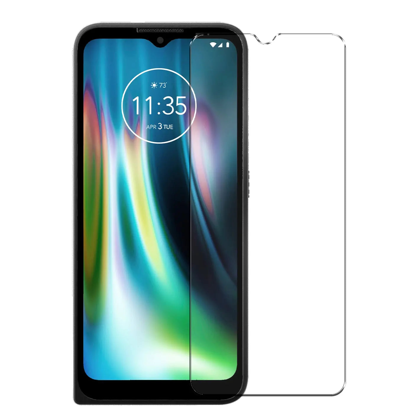 Motorola Defy Smartphone mit schwarzem Rahmen, frontal, daneben ein klarer Panzerglas Displayschutz.