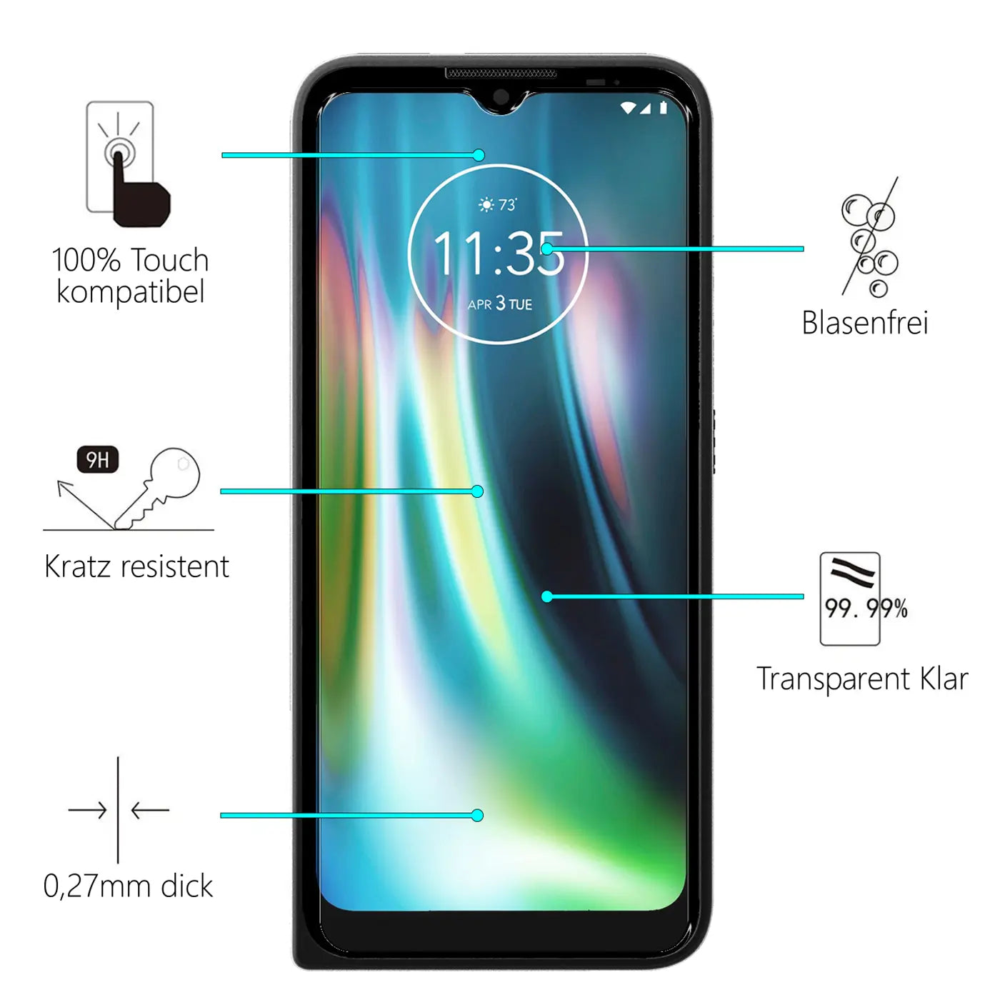 Schwarzes Motorola Defy Smartphone von vorne mit Panzerglas Displayschutz. Blaue Linien zeigen auf Text-Icons mit.