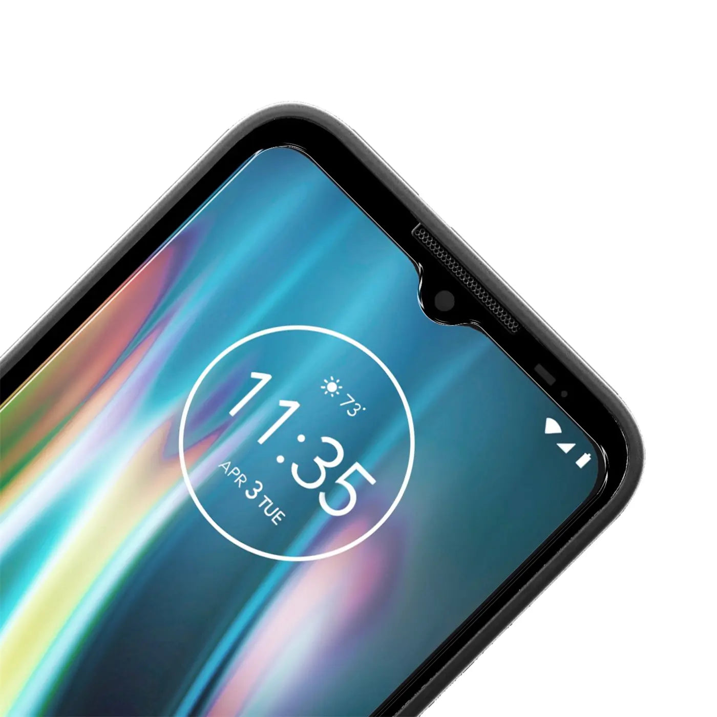 Nahaufnahme eines Motorola Defy Smartphones mit schwarzem Rahmen, schräg von oben. Das Display zeigt Uhrzeit und Datum.