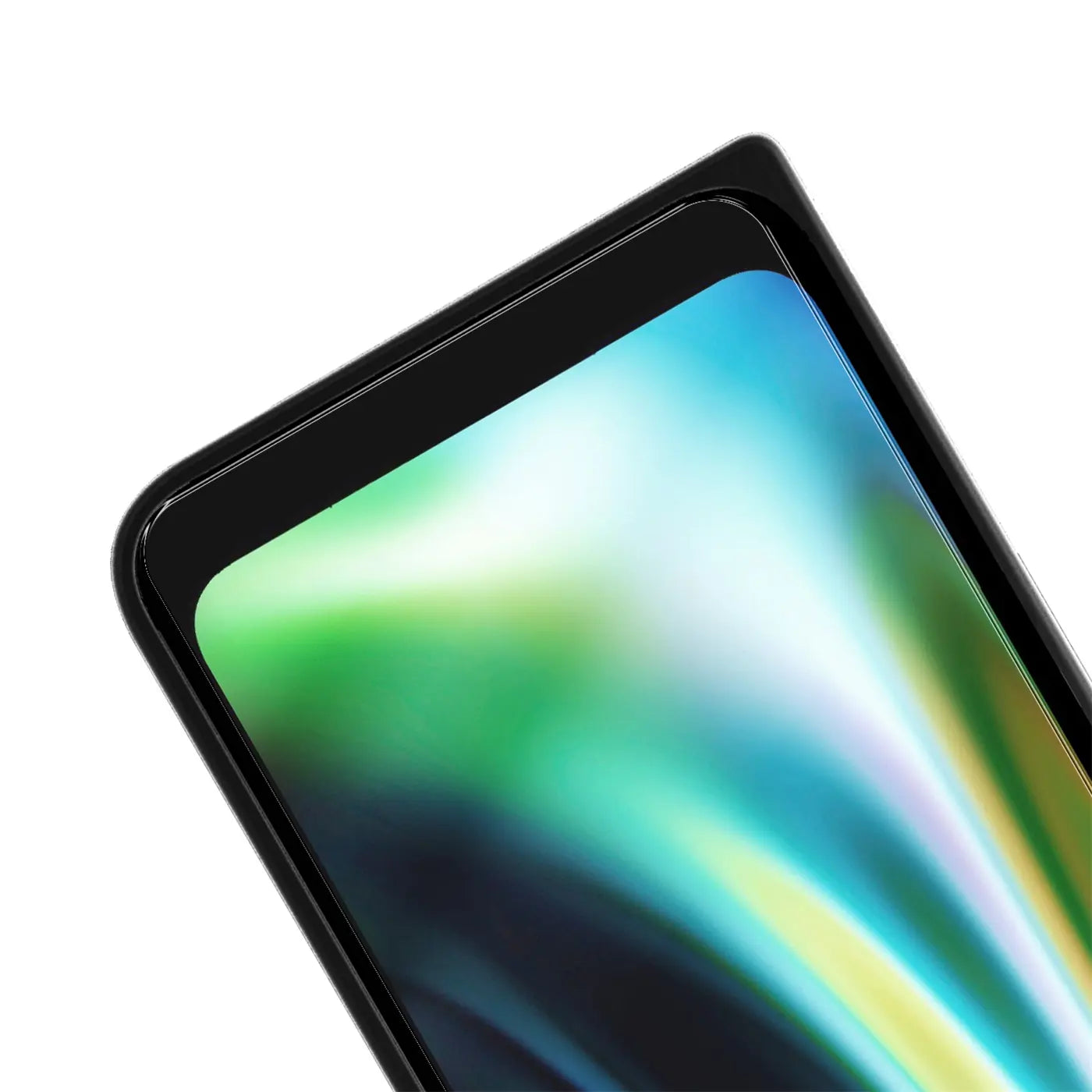 Nahaufnahme des oberen linken Bereichs eines schwarzen Motorola Defy Smartphones mit Displayschutzfolie aus Panzerglas.