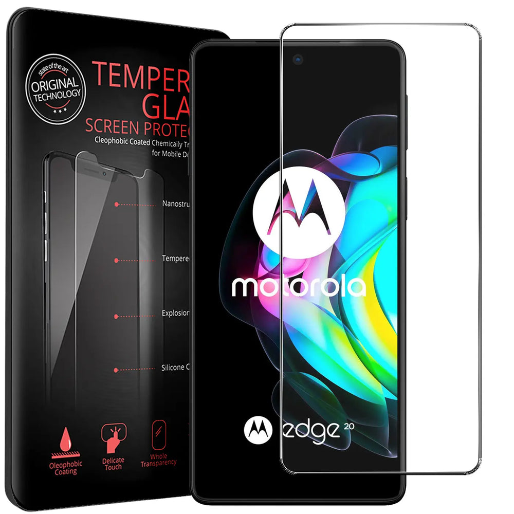 Schwarze Verpackung mit "TEMPERED GLASS" Aufschrift, daneben ein schwarzes Motorola Edge 20 und ein transparentes Panzerglas.