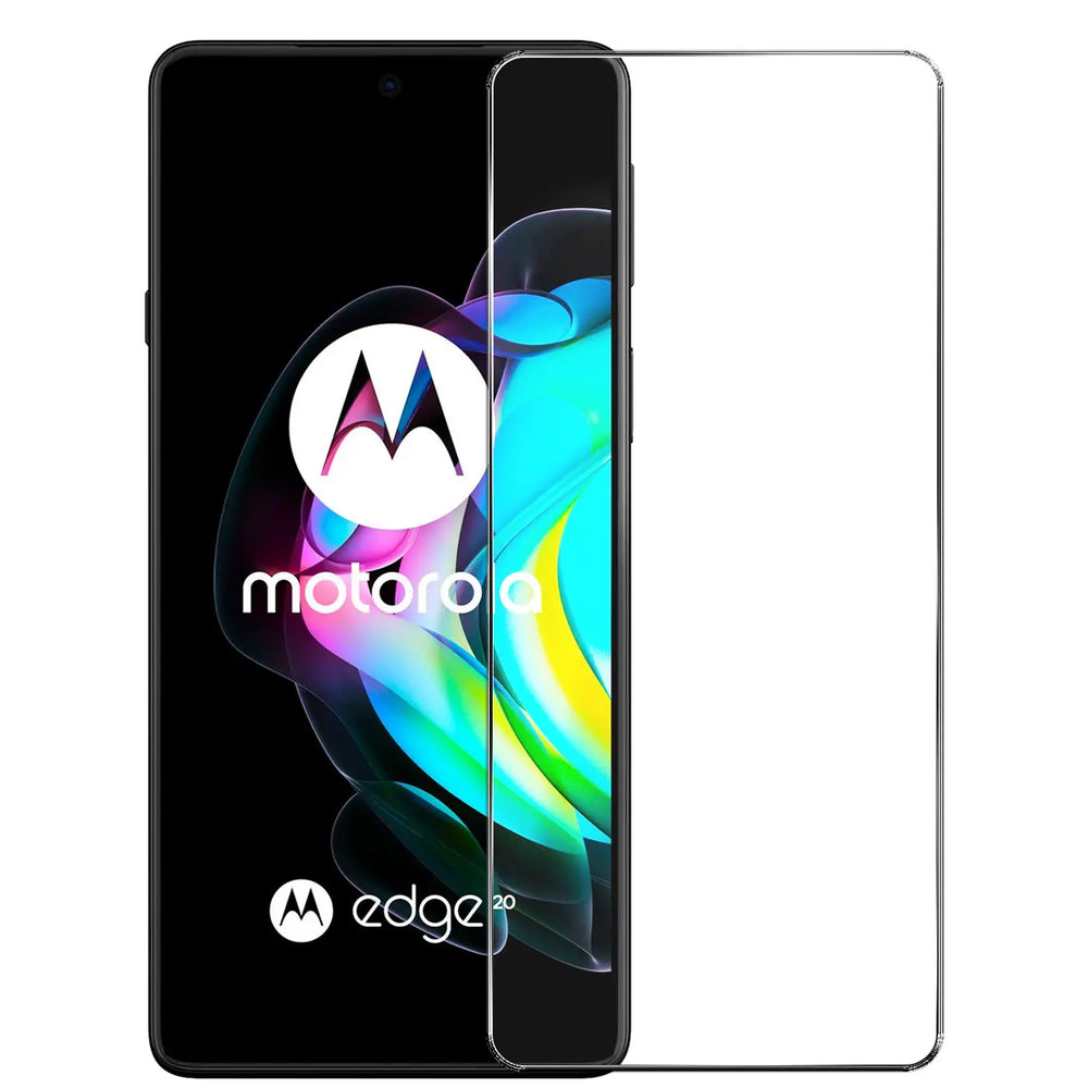 Motorola Edge 20 Smartphone mit schwarzem Display und transparentem Panzerglas-Displayschutz, von vorne rechts.