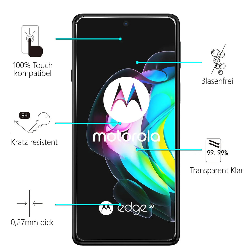 Schwarzes Motorola Edge 20 Smartphone frontal mit Panzerglas Displayschutz und Produktmerkmalen auf weißem Hintergrund.
