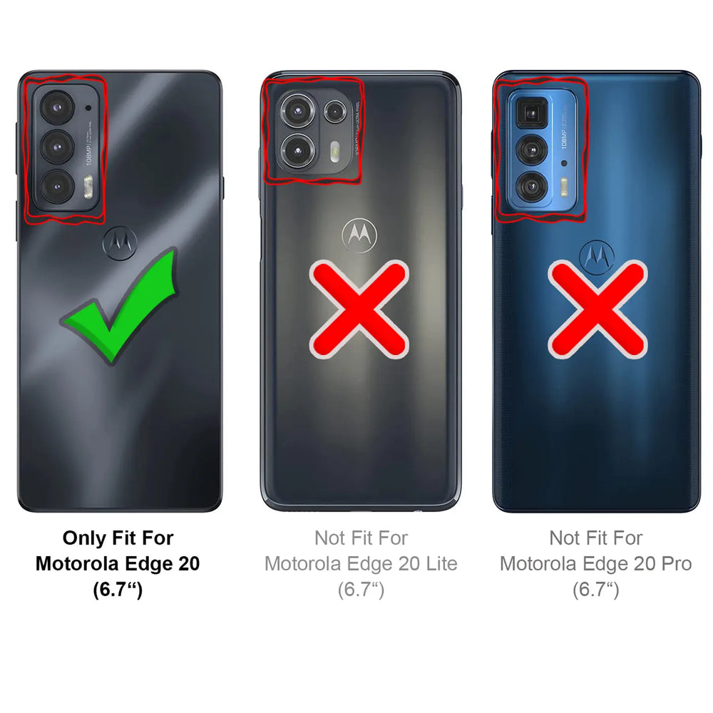 Rückansicht von 3 Motorola Edge Smartphones: links Edge 20 (grüner Haken), Mitte Edge 20 Lite, rechts Edge 20 Pro (rote.