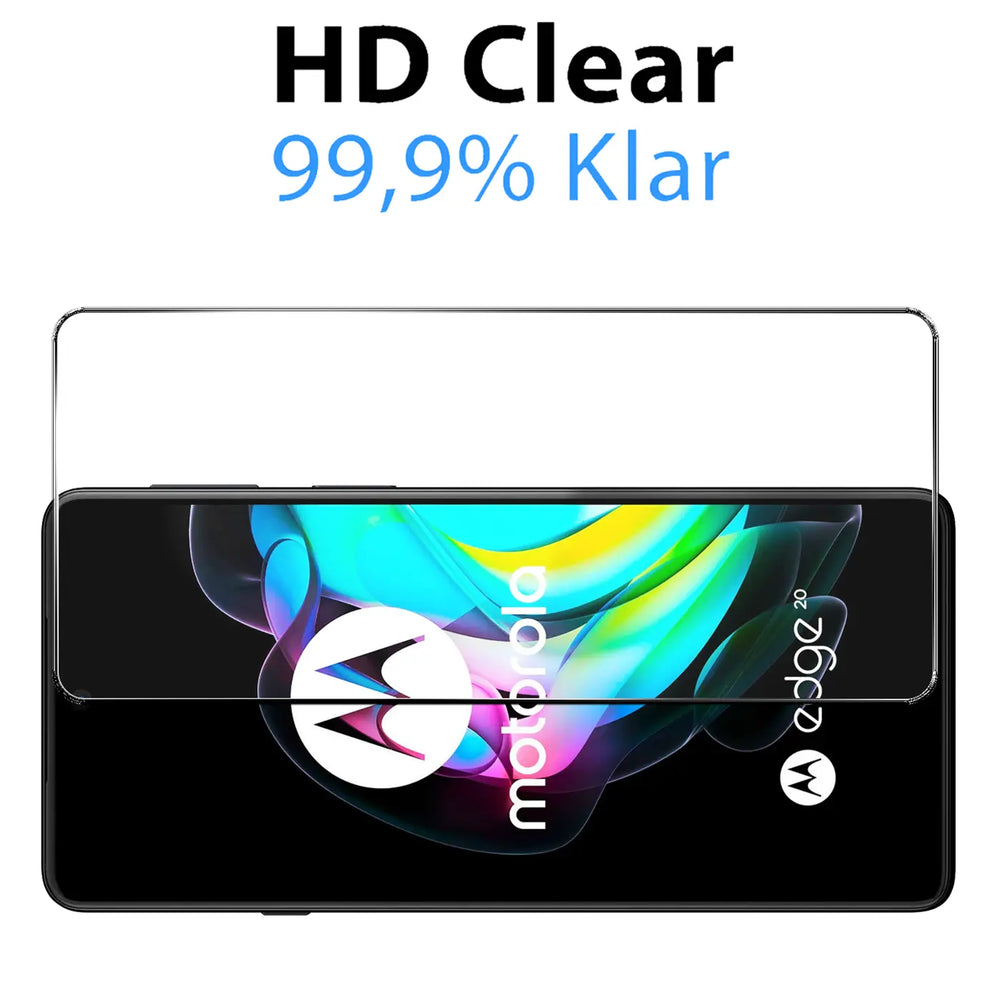 Klares Panzerglas Displayschutz für Motorola Edge 20, von vorne auf schwarzem Smartphone mit bunten Hintergrundbild.