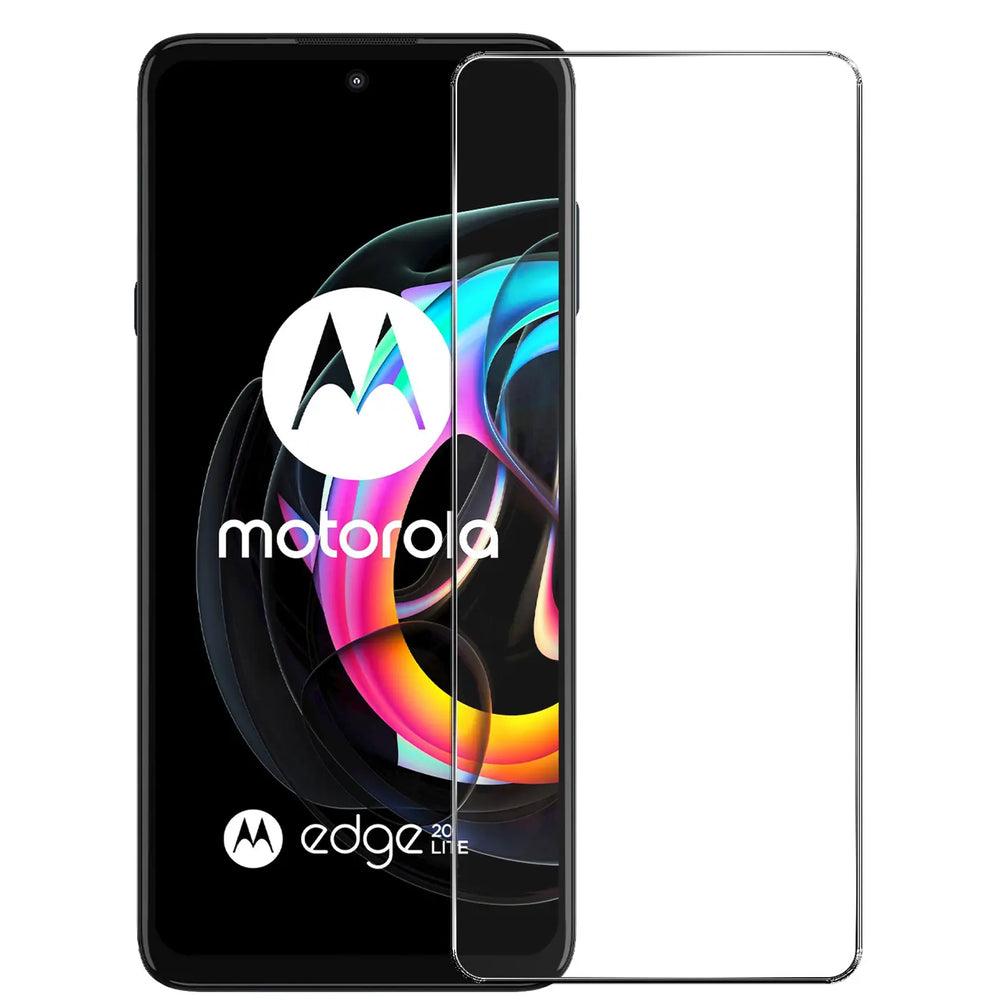 Motorola Edge 20 Lite Smartphone mit schwarzem Display und transparentem Panzerglas-Displayschutz, frontal.