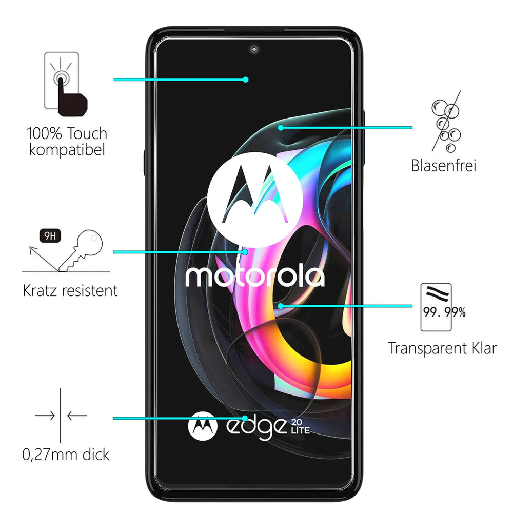 Schwarzes Motorola Edge 20 Lite mit Panzerglas Displayschutz, frontal. Eigenschaften wie "Kratz resistent" sind markiert.