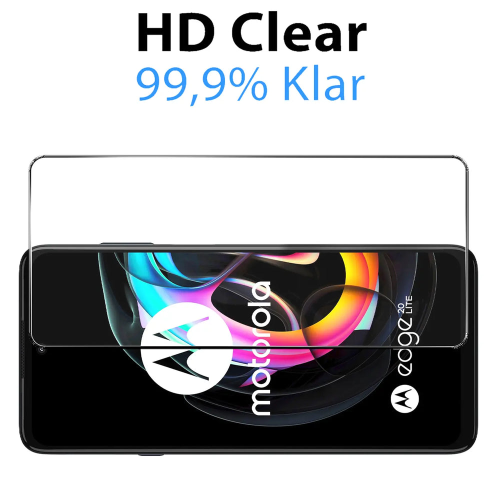 Klares Panzerglas auf schwarzem Motorola Edge 20 Lite, von vorne. Oben ist ein zweites Panzerglas zu sehen.